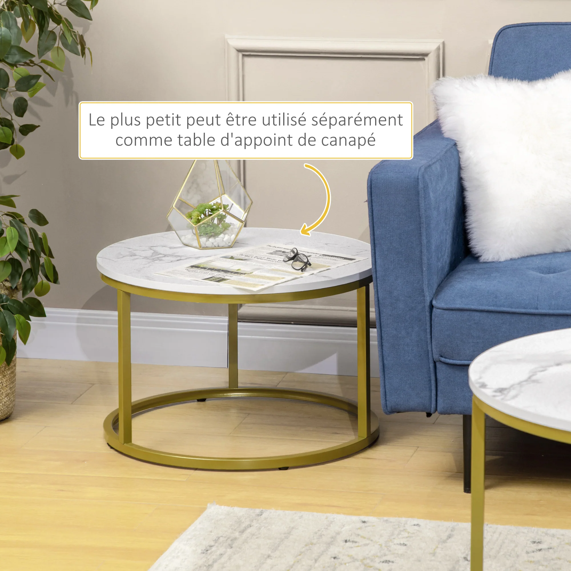 Lot de 2 tables basses gigognes tables rondes plateau blanc aspect marbre et pied en acier doré - Image 6