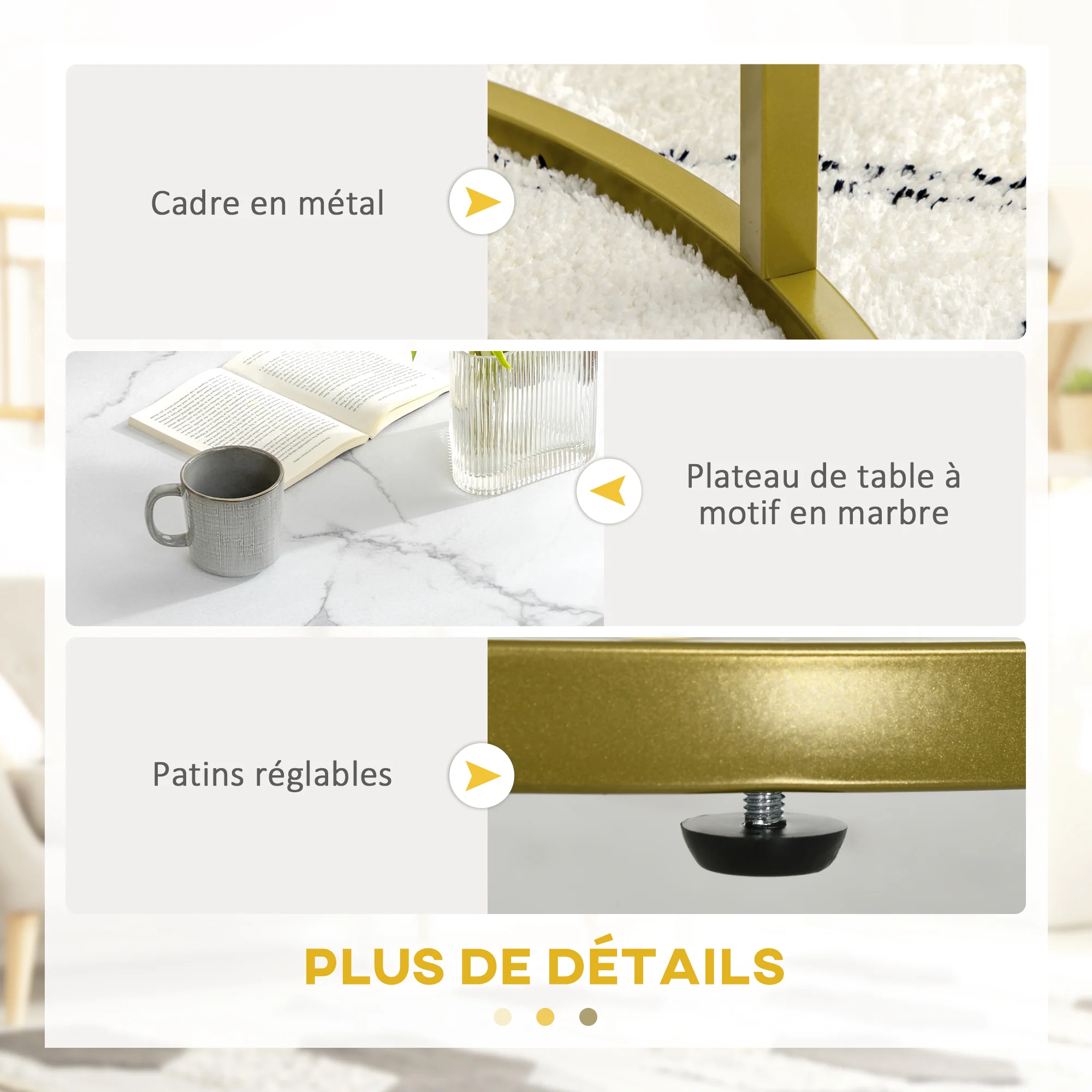 Lot de 2 tables basses gigognes tables rondes plateau blanc aspect marbre et pied en acier doré - Image 7