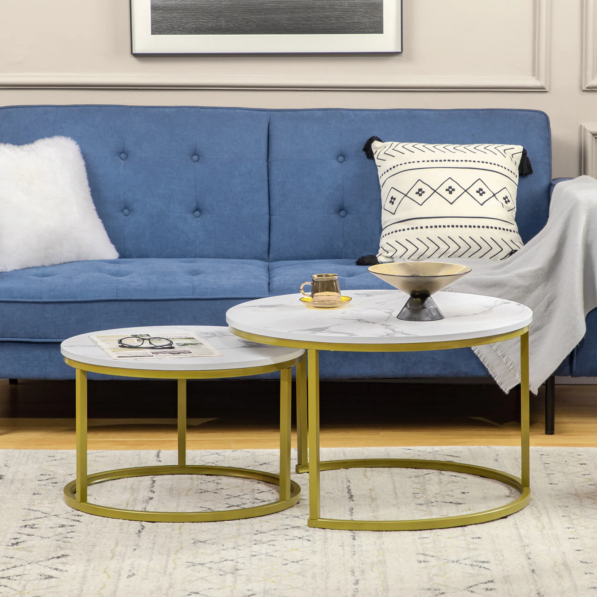 Lot de 2 tables basses gigognes tables rondes plateau blanc aspect marbre et pied en acier doré - Image 8