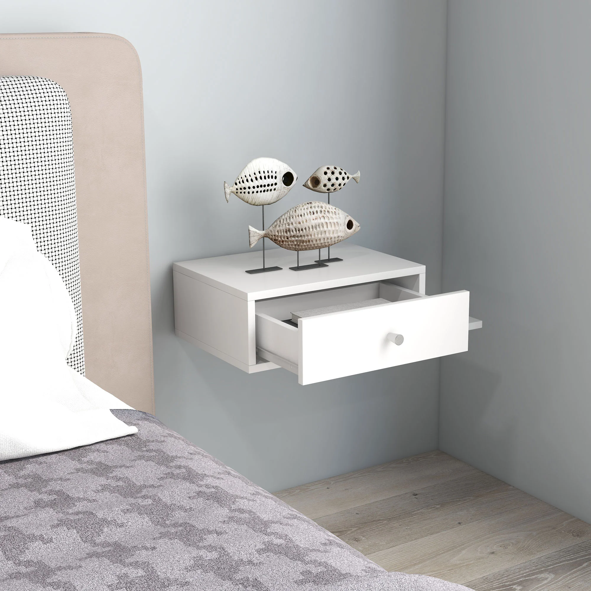 Lot de 2 tables de chevet murales - lot de 2 tables de nuit - étagère latérale et tiroir - 55l x 30P x 15H cm - en bois blanc - Image 10