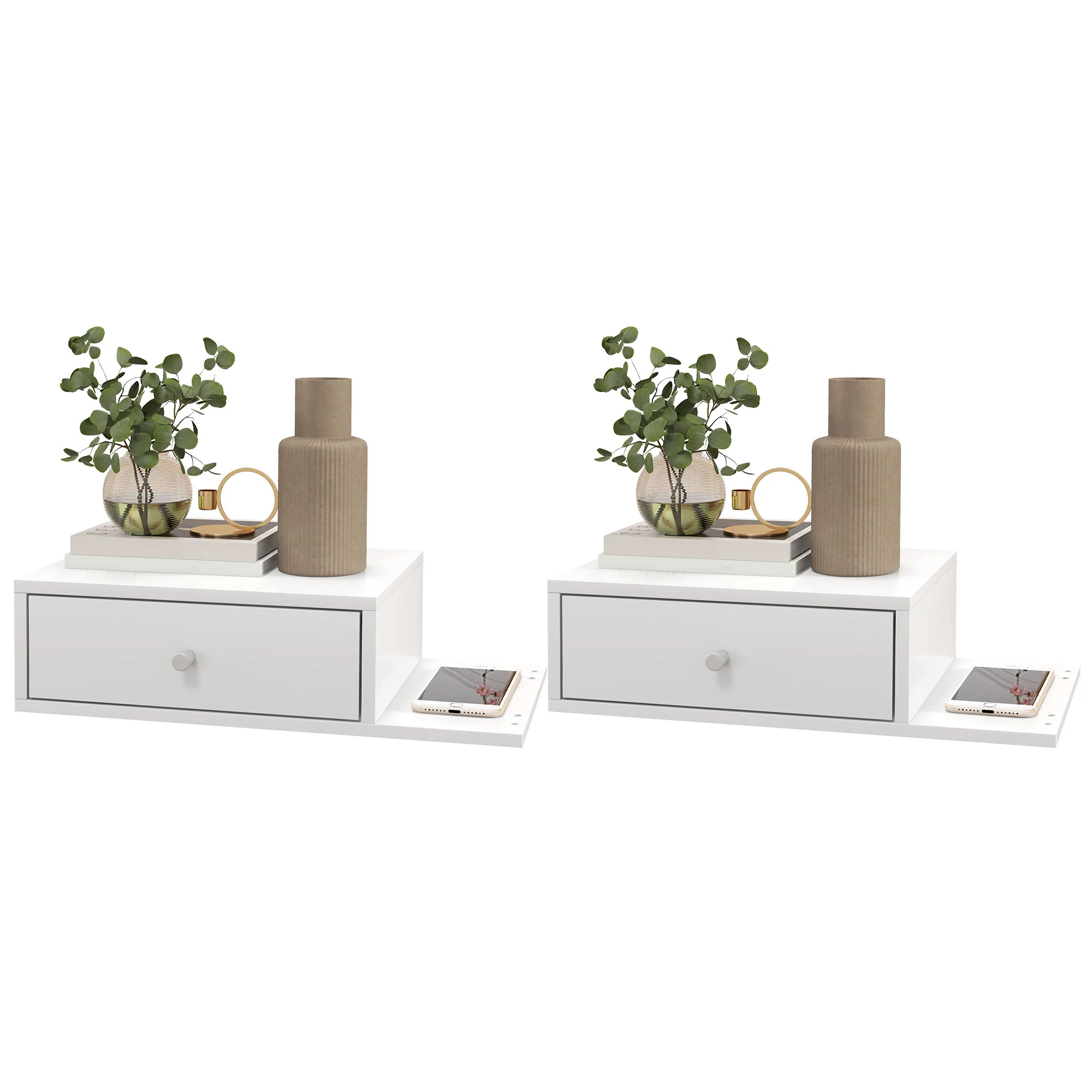 Lot de 2 tables de chevet murales - lot de 2 tables de nuit - étagère latérale et tiroir - 55l x 30P x 15H cm - en bois blanc - Image 11