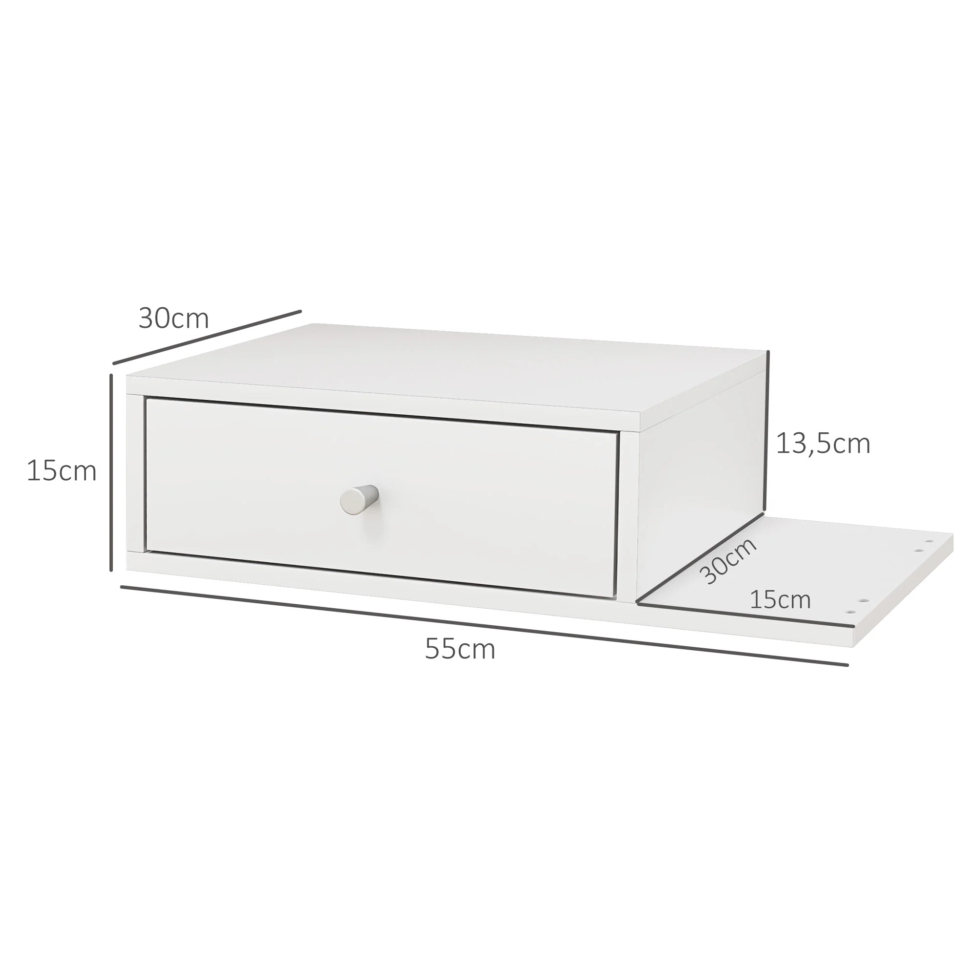 Lot de 2 tables de chevet murales - lot de 2 tables de nuit - étagère latérale et tiroir - 55l x 30P x 15H cm - en bois blanc - Image 4