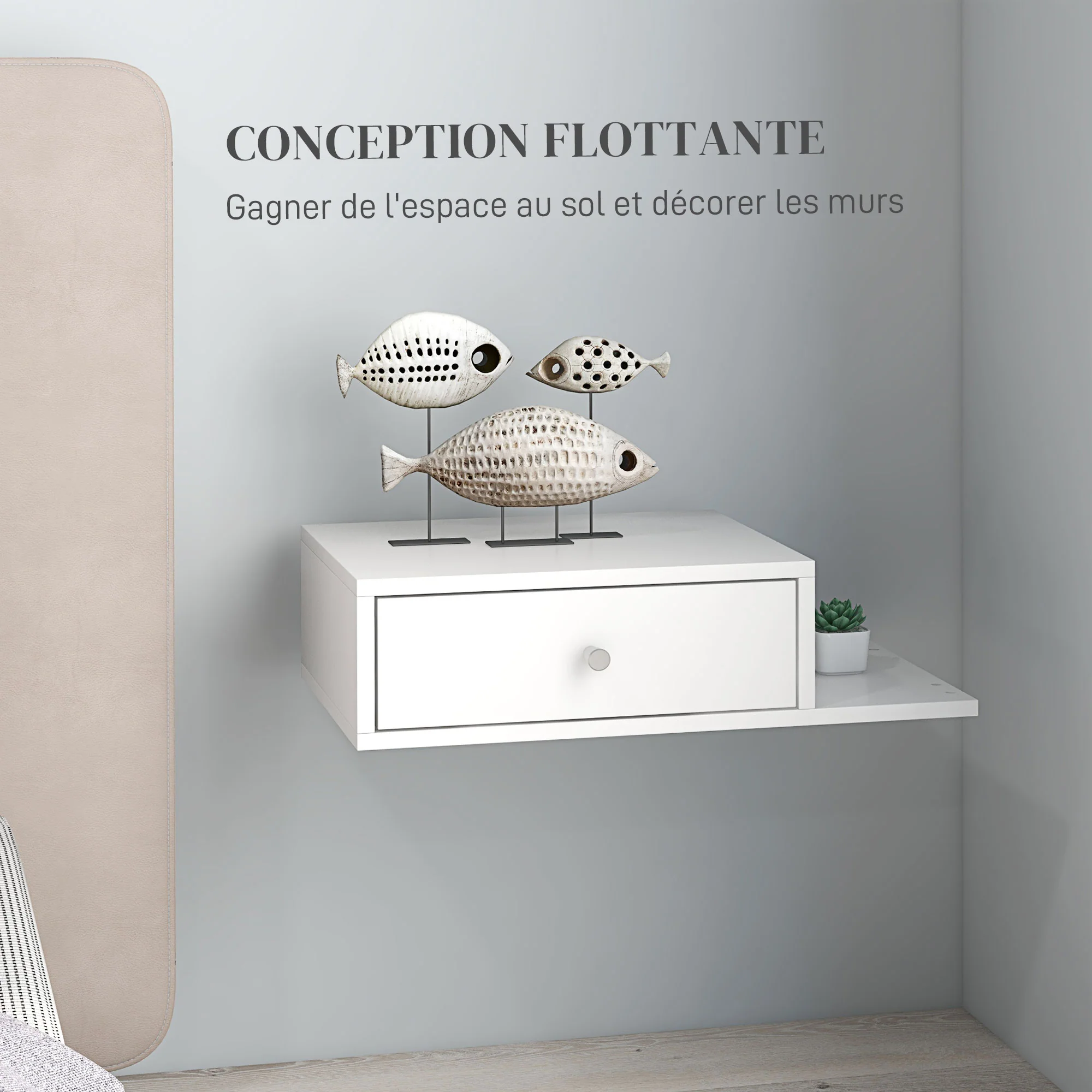Lot de 2 tables de chevet murales - lot de 2 tables de nuit - étagère latérale et tiroir - 55l x 30P x 15H cm - en bois blanc - Image 6