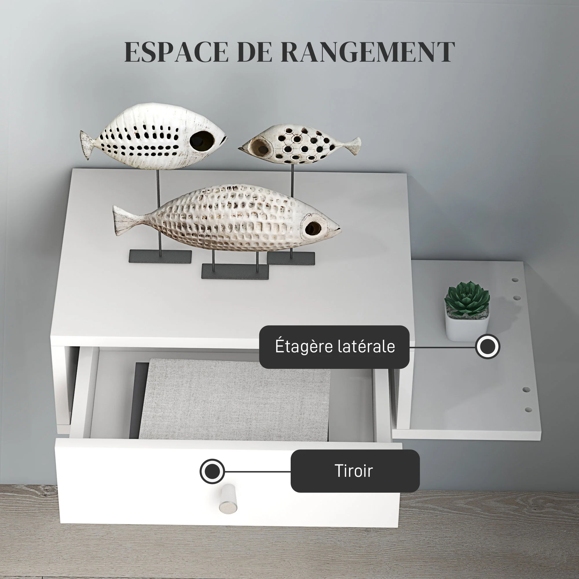 Lot de 2 tables de chevet murales - lot de 2 tables de nuit - étagère latérale et tiroir - 55l x 30P x 15H cm - en bois blanc - Image 7