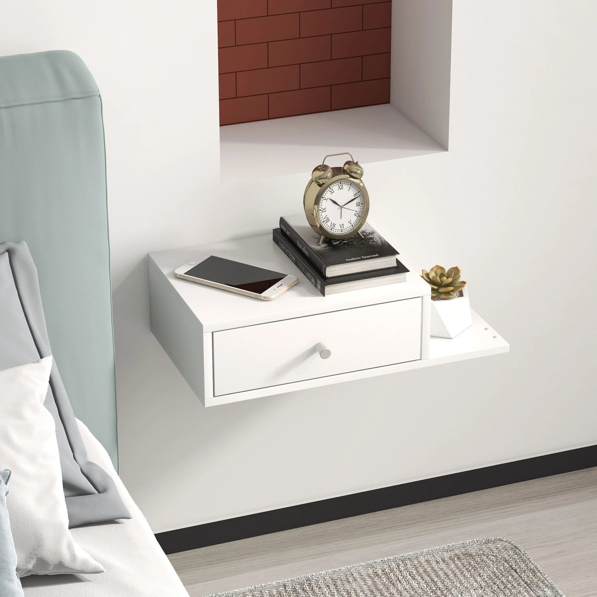 Lot de 2 tables de chevet murales - lot de 2 tables de nuit - étagère latérale et tiroir - 55l x 30P x 15H cm - en bois blanc - Image 8