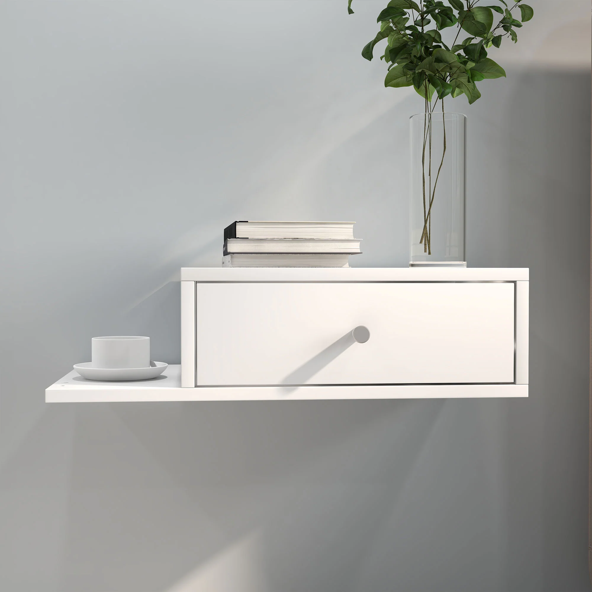 Lot de 2 tables de chevet murales - lot de 2 tables de nuit - étagère latérale et tiroir - 55l x 30P x 15H cm - en bois blanc - Image 9