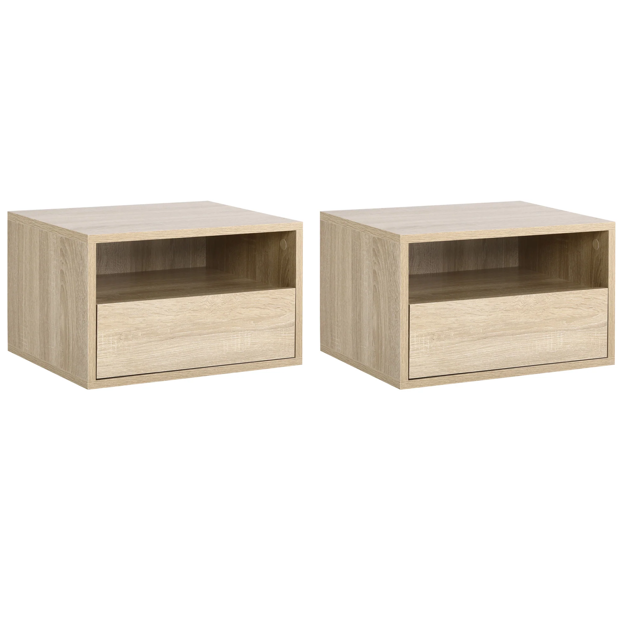 Lot de 2 Tables de Chevet murales - Lot de 2 Tables de Nuit - tiroir Coulissant, Niche, Plateau - Panneaux Particules Aspect chêne Clair - Image 11
