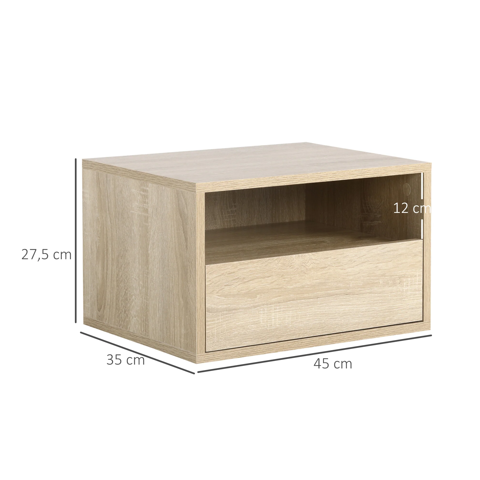 Lot de 2 Tables de Chevet murales - Lot de 2 Tables de Nuit - tiroir Coulissant, Niche, Plateau - Panneaux Particules Aspect chêne Clair - Image 4