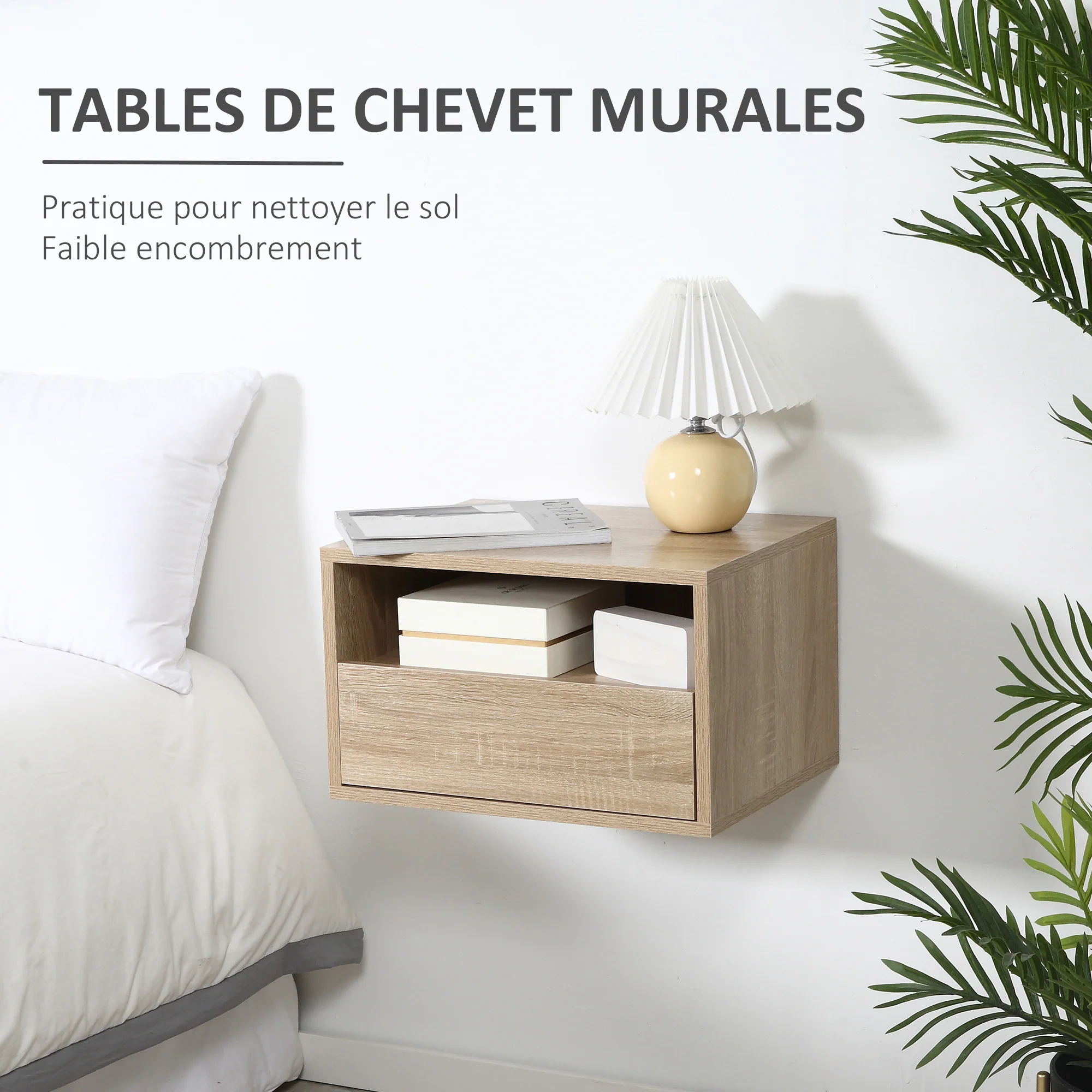 Lot de 2 Tables de Chevet murales - Lot de 2 Tables de Nuit - tiroir Coulissant, Niche, Plateau - Panneaux Particules Aspect chêne Clair - Image 5