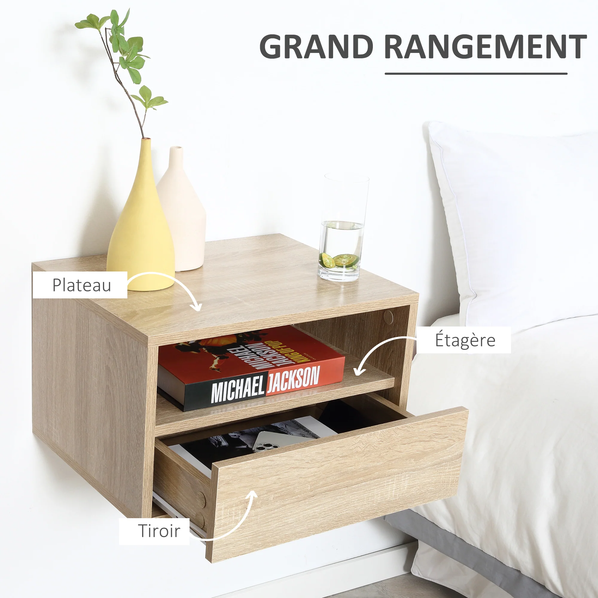Lot de 2 Tables de Chevet murales - Lot de 2 Tables de Nuit - tiroir Coulissant, Niche, Plateau - Panneaux Particules Aspect chêne Clair - Image 6