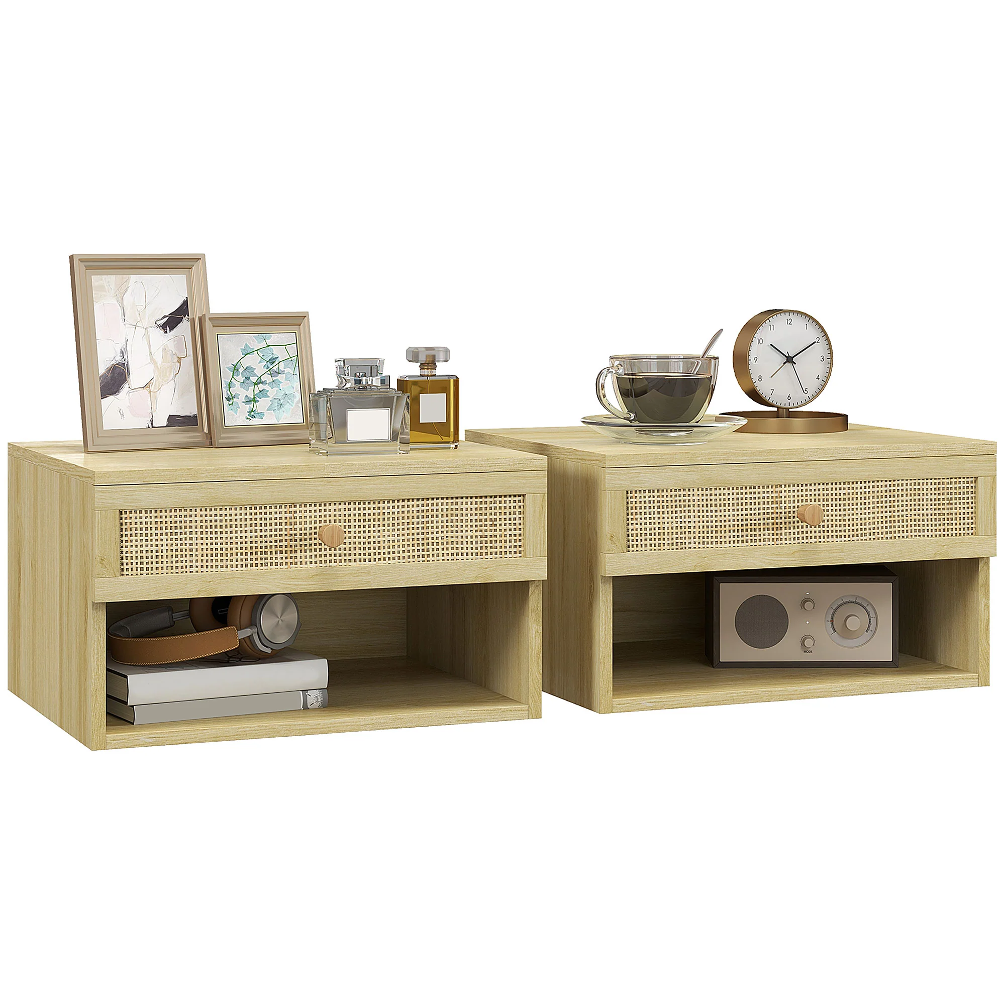 Lot de 2 tables de chevet murales table de nuit - tiroir coulissant, niche, plateau - en bois fa?ade effet rotin tissé dim. 40L x 34l x 23H cm - Image 11