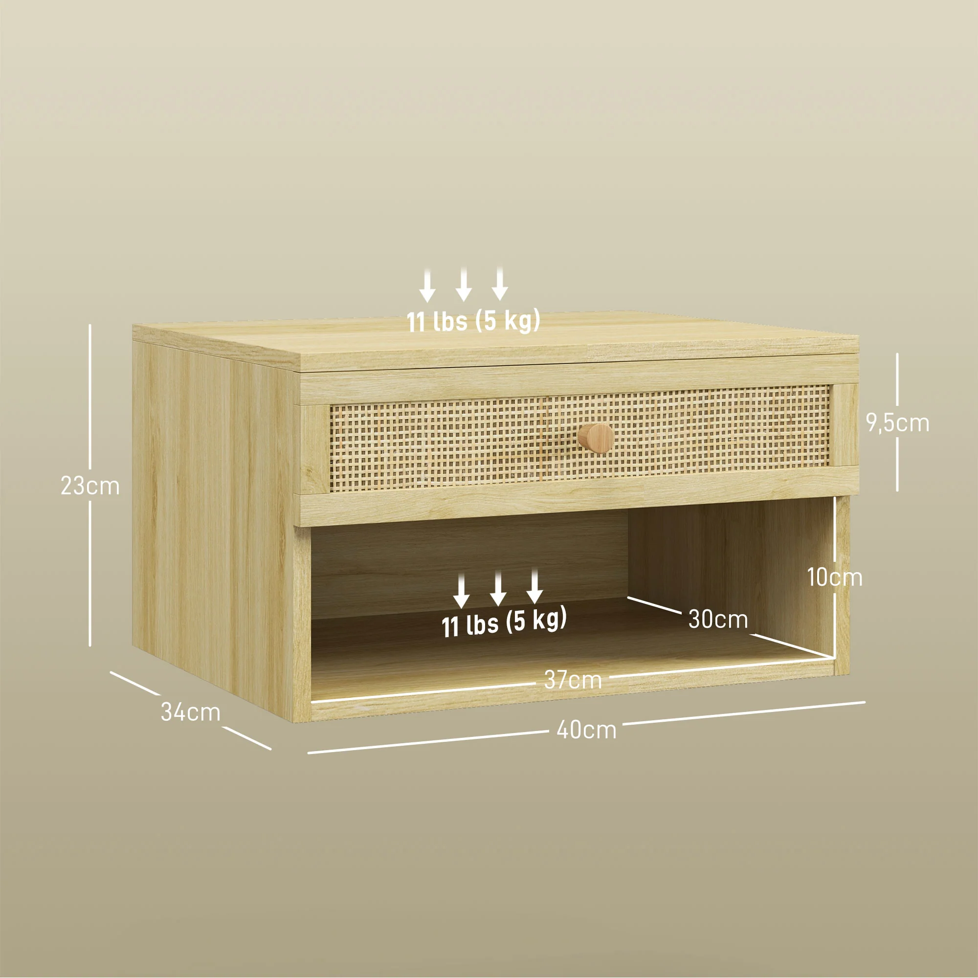 Lot de 2 tables de chevet murales table de nuit - tiroir coulissant, niche, plateau - en bois fa?ade effet rotin tissé dim. 40L x 34l x 23H cm - Image 4