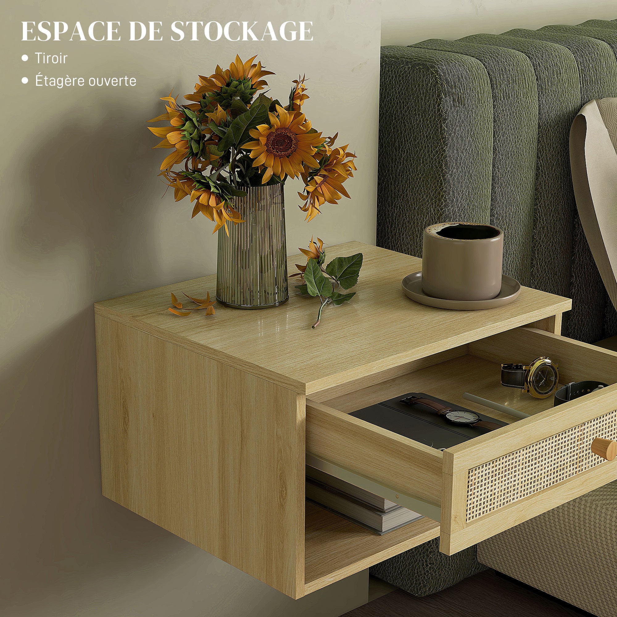 Lot de 2 tables de chevet murales table de nuit - tiroir coulissant, niche, plateau - en bois fa?ade effet rotin tissé dim. 40L x 34l x 23H cm - Image 7
