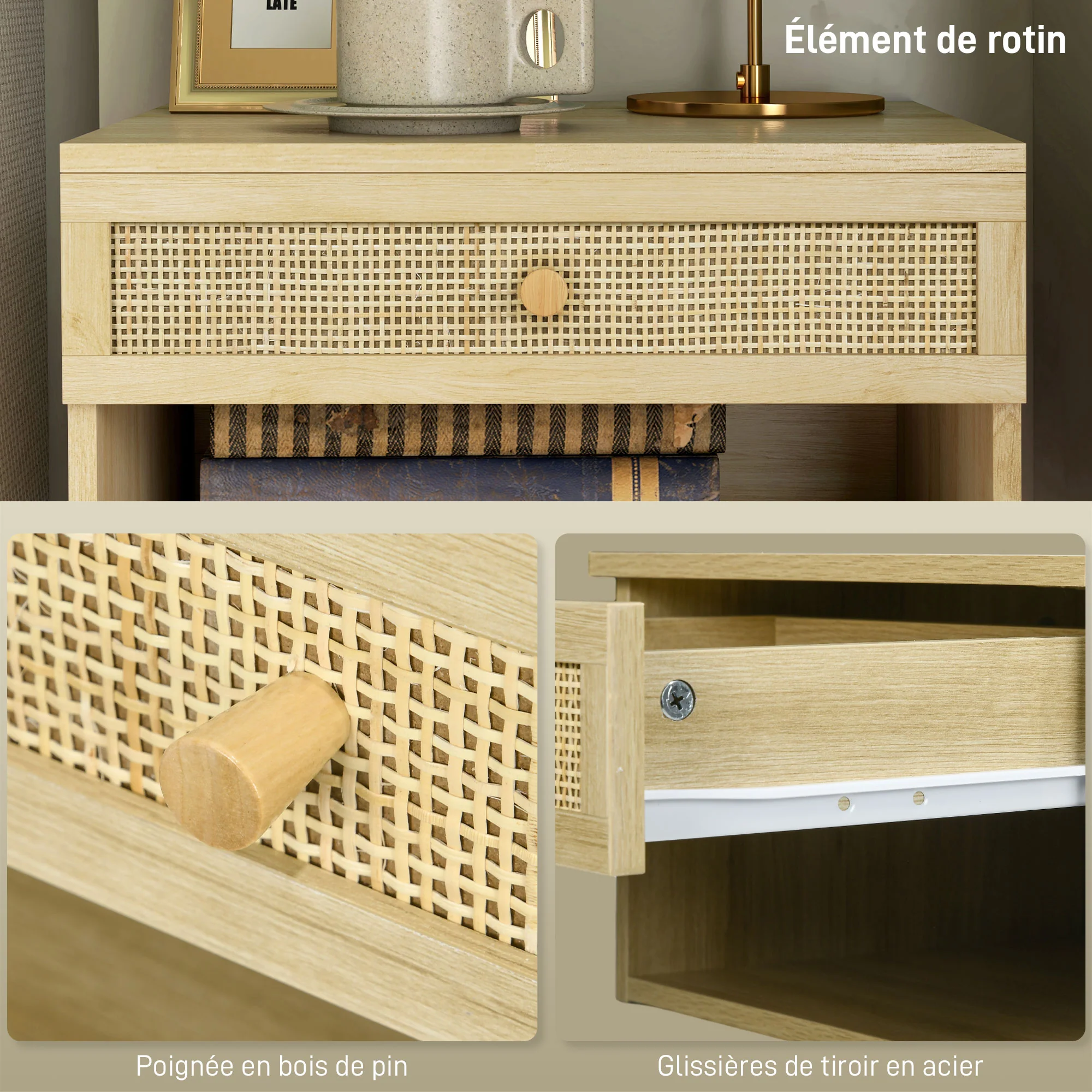 Lot de 2 tables de chevet murales table de nuit - tiroir coulissant, niche, plateau - en bois fa?ade effet rotin tissé dim. 40L x 34l x 23H cm - Image 8