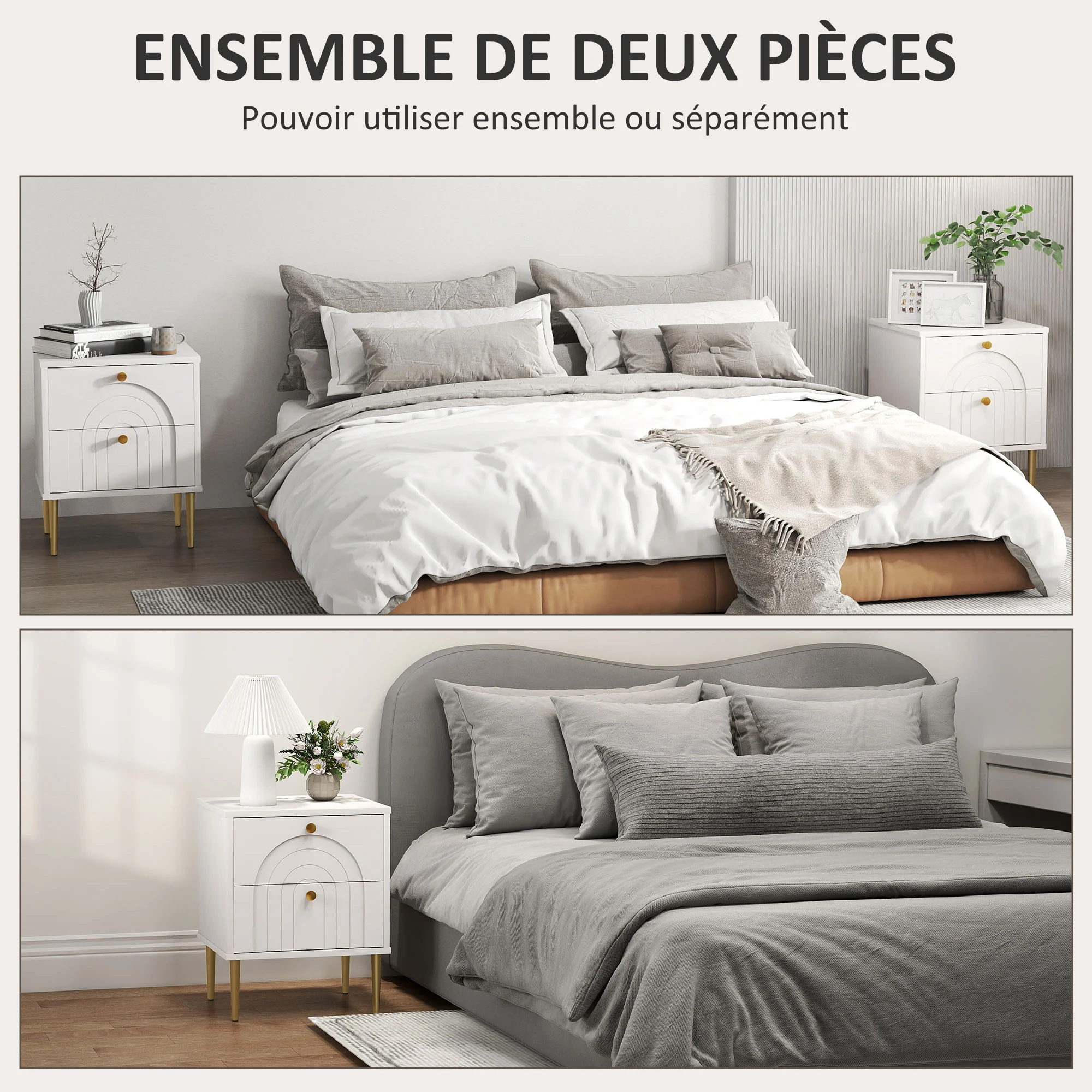 Lot de 2 tables de chevet table de nuit avec 2 tiroirs et pieds en acier, style moderne, tables d'appoint pour chambre à coucher, salon, 40 x 35 x 50 cm, blanc - Image 5