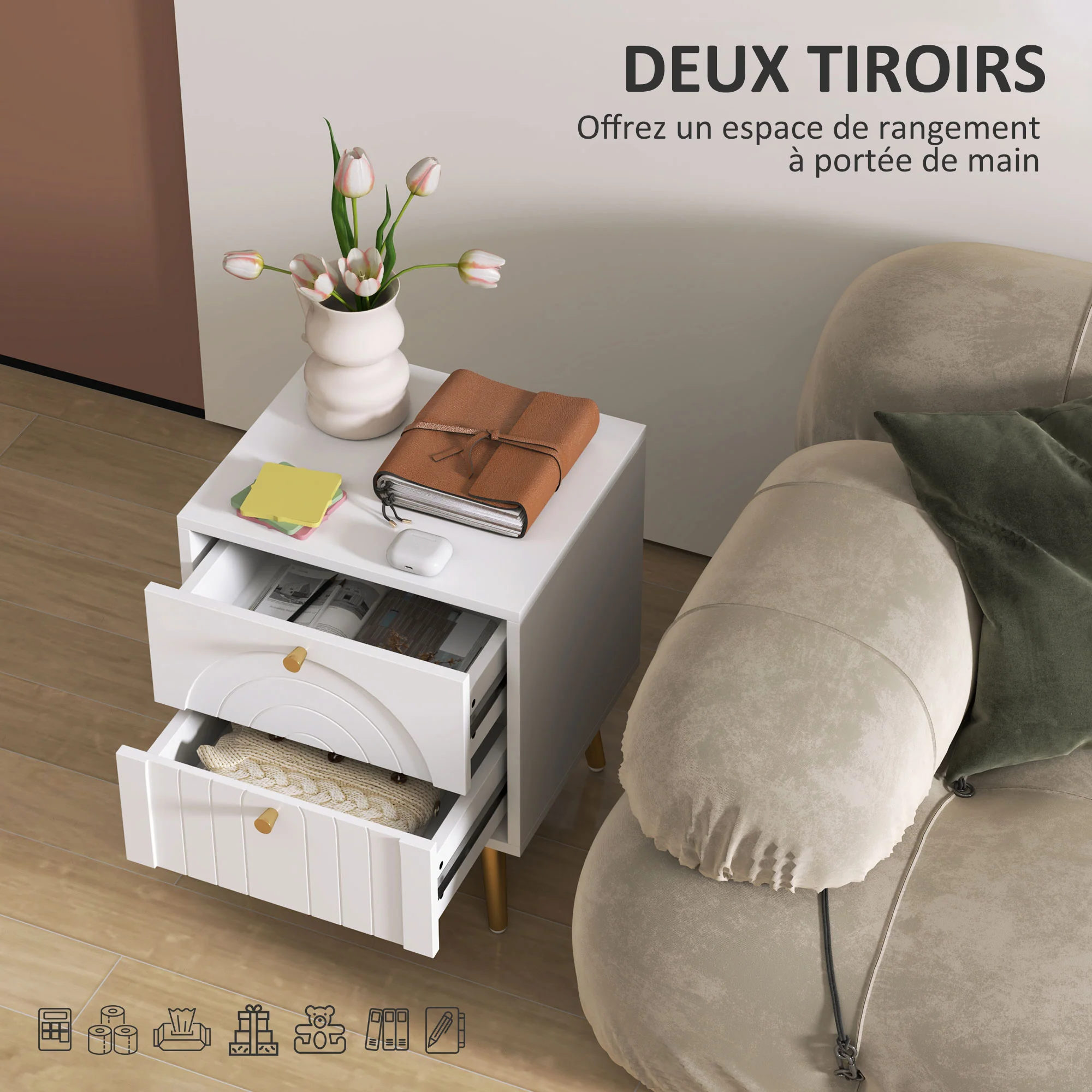 Lot de 2 tables de chevet table de nuit avec 2 tiroirs et pieds en acier, style moderne, tables d'appoint pour chambre à coucher, salon, 40 x 35 x 50 cm, blanc - Image 6