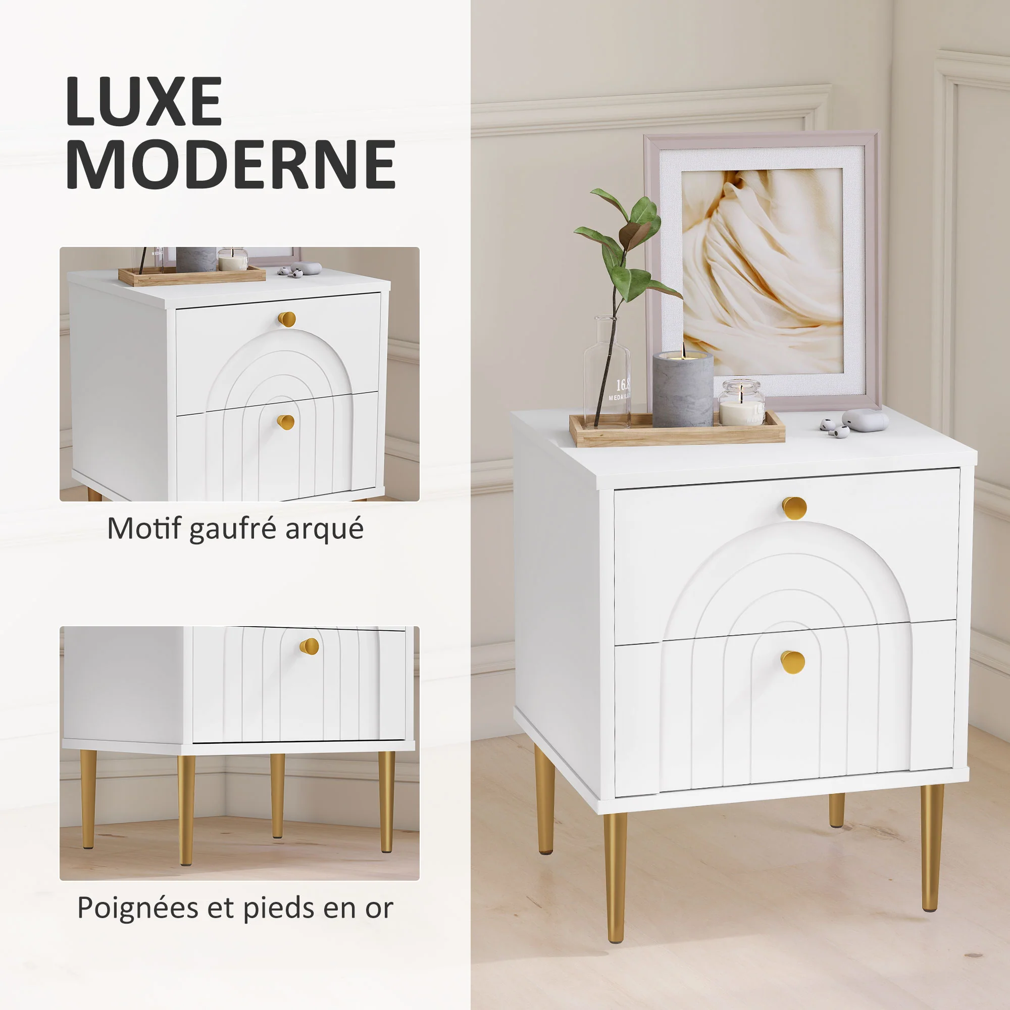 Lot de 2 tables de chevet table de nuit avec 2 tiroirs et pieds en acier, style moderne, tables d'appoint pour chambre à coucher, salon, 40 x 35 x 50 cm, blanc - Image 7