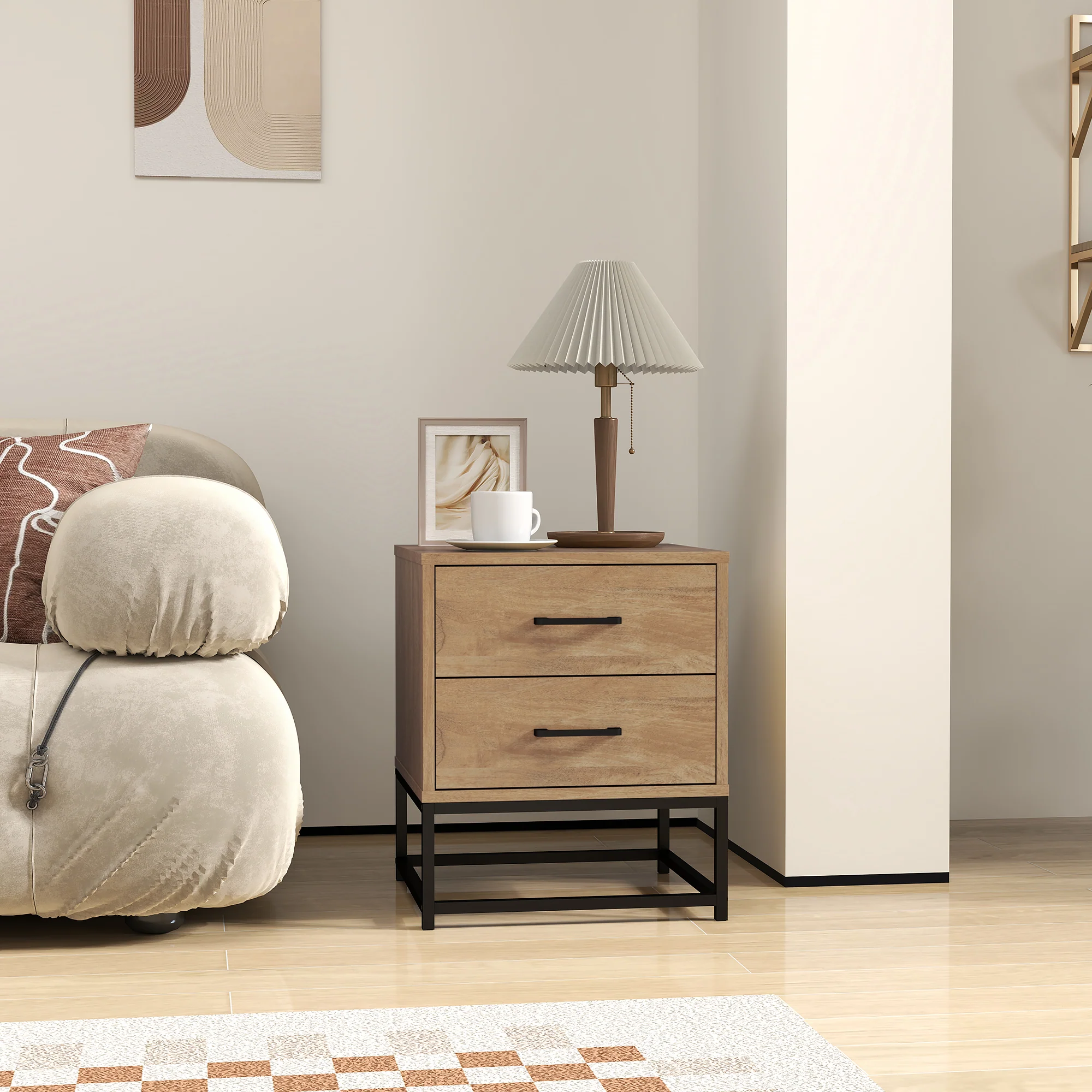 Lot de 2 tables de chevet table de nuit avec 2 tiroirs, table d'appoint style industriel pour chambre à coucher, salon, dim. 40 x 39,5 x 48 cm finition bois naturel - Image 3