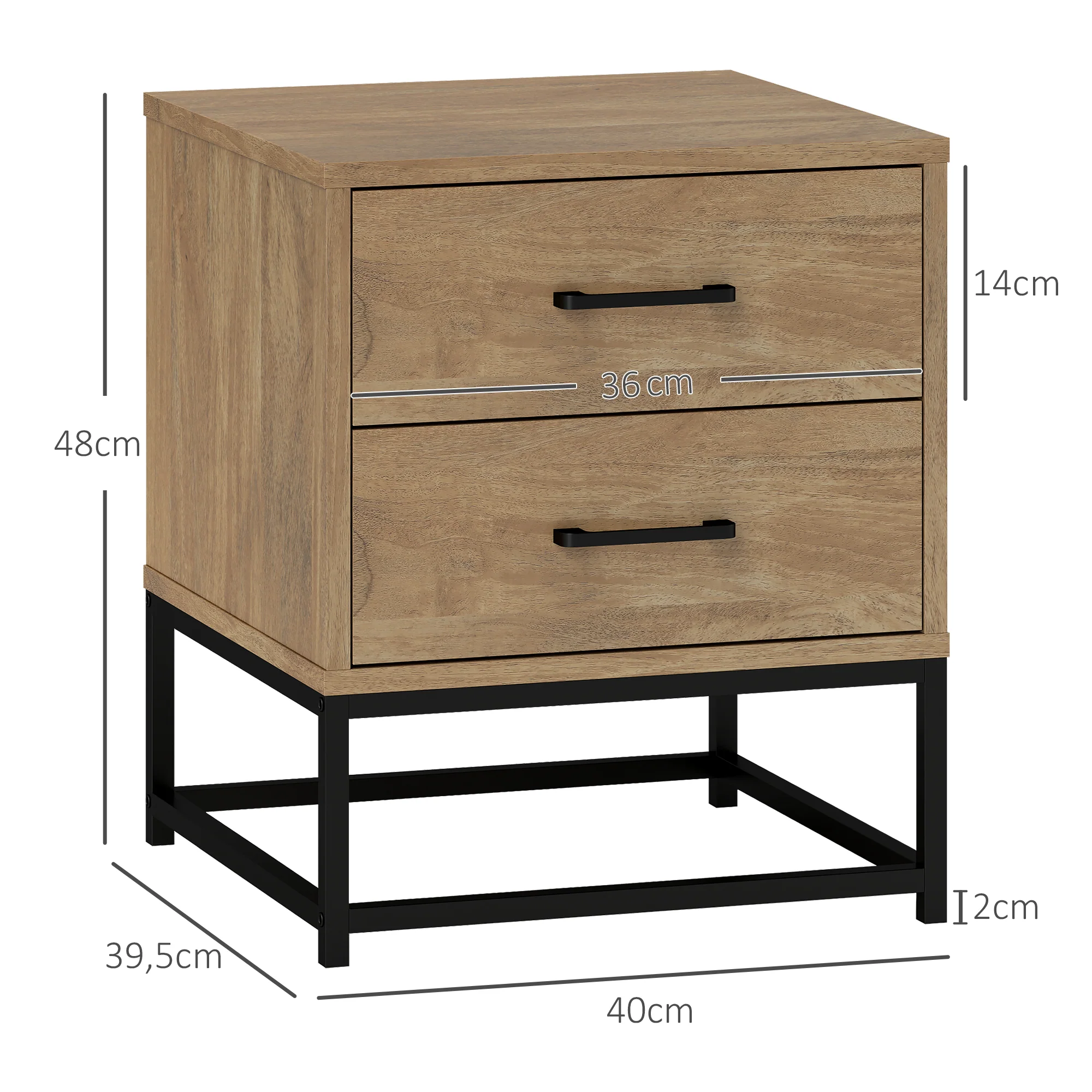 Lot de 2 tables de chevet table de nuit avec 2 tiroirs, table d'appoint style industriel pour chambre à coucher, salon, dim. 40 x 39,5 x 48 cm finition bois naturel - Image 4