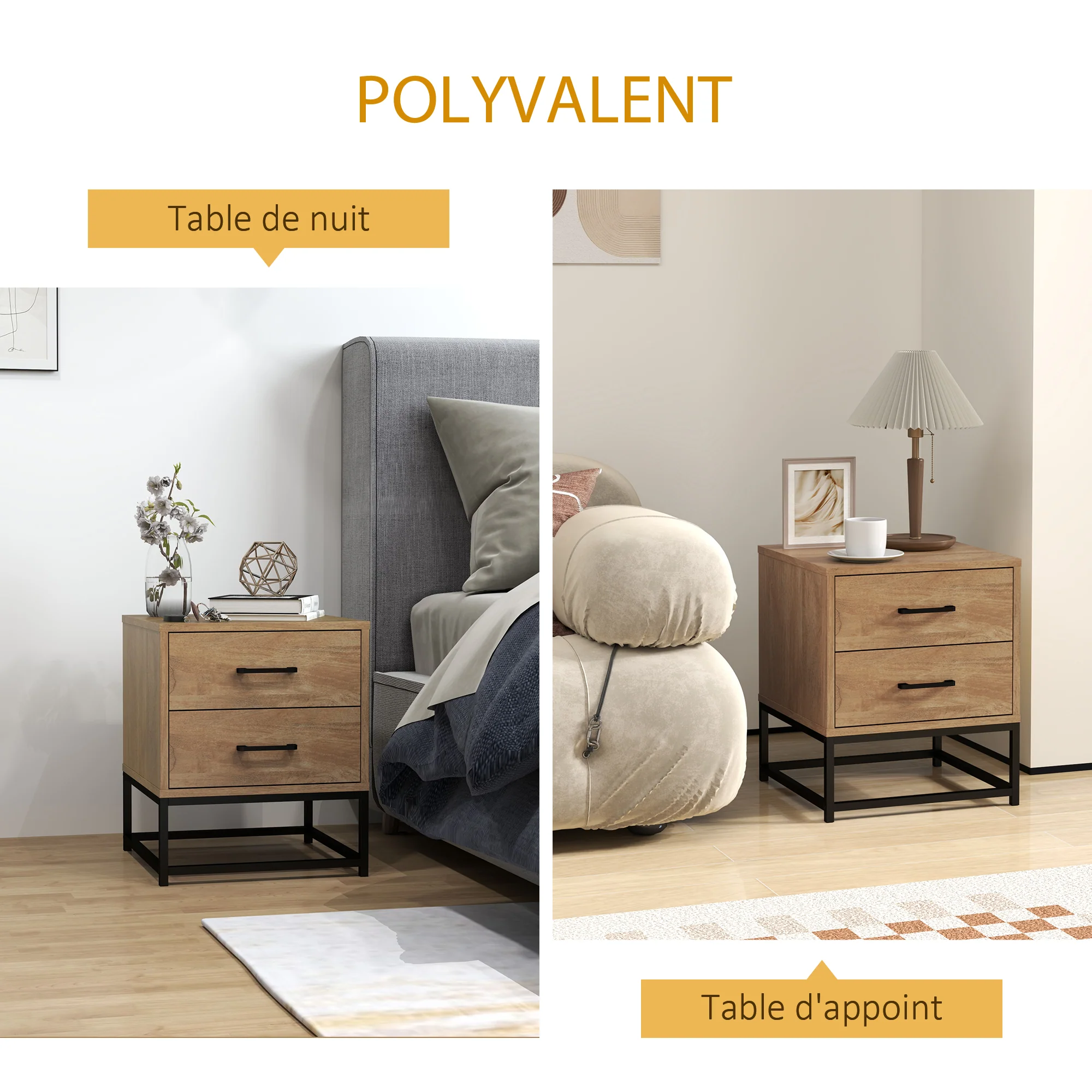Lot de 2 tables de chevet table de nuit avec 2 tiroirs, table d'appoint style industriel pour chambre à coucher, salon, dim. 40 x 39,5 x 48 cm finition bois naturel - Image 5