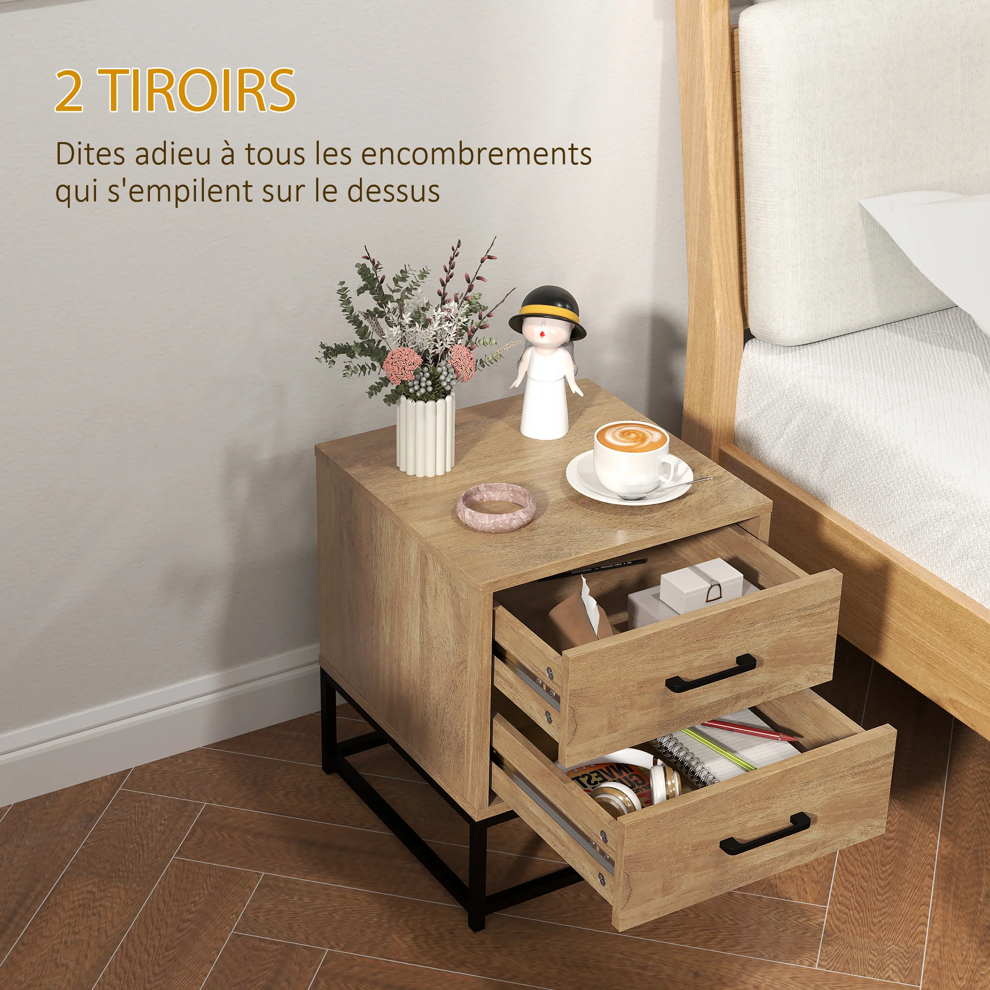 Lot de 2 tables de chevet table de nuit avec 2 tiroirs, table d'appoint style industriel pour chambre à coucher, salon, dim. 40 x 39,5 x 48 cm finition bois naturel - Image 6