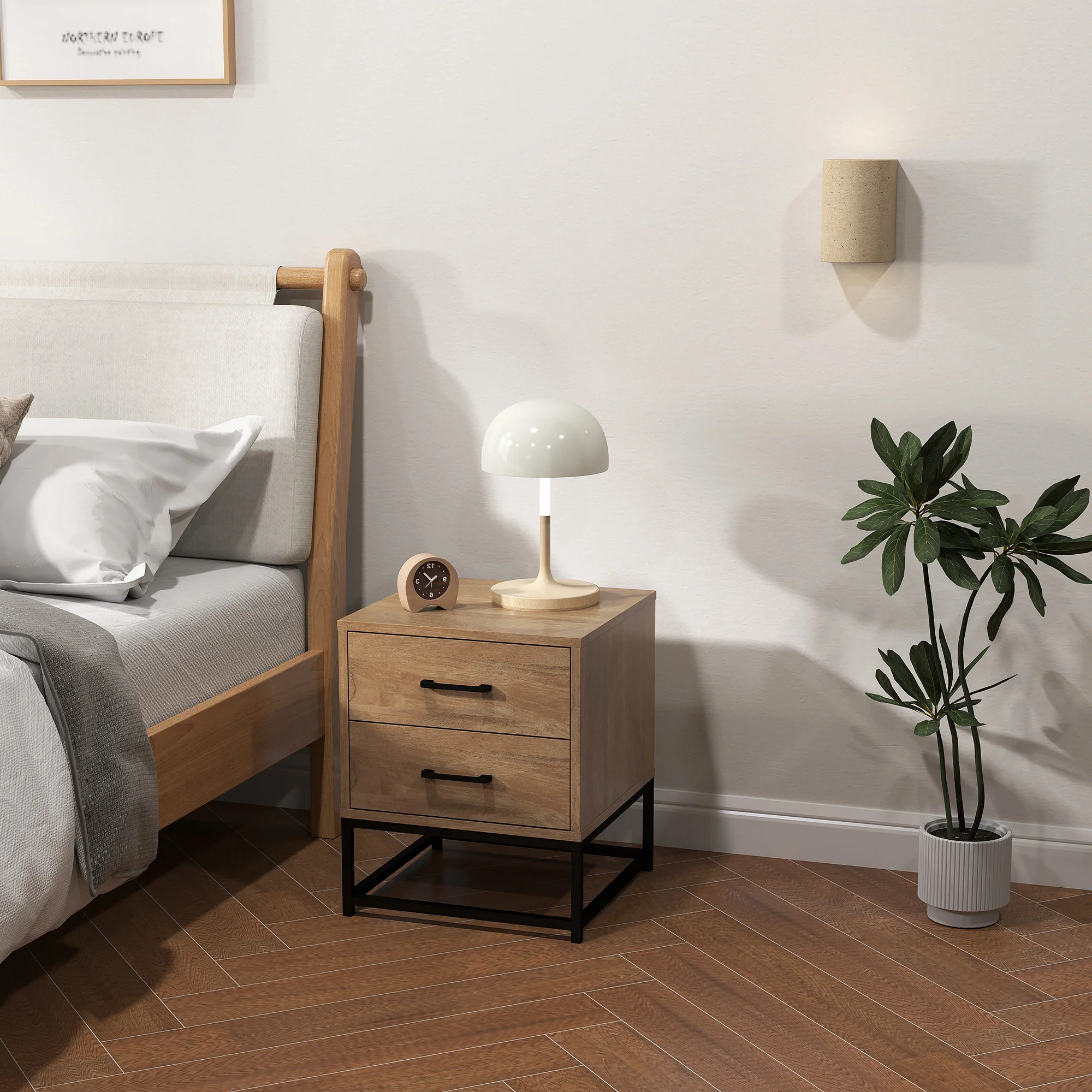 Lot de 2 tables de chevet table de nuit avec 2 tiroirs, table d'appoint style industriel pour chambre à coucher, salon, dim. 40 x 39,5 x 48 cm finition bois naturel - Image 8
