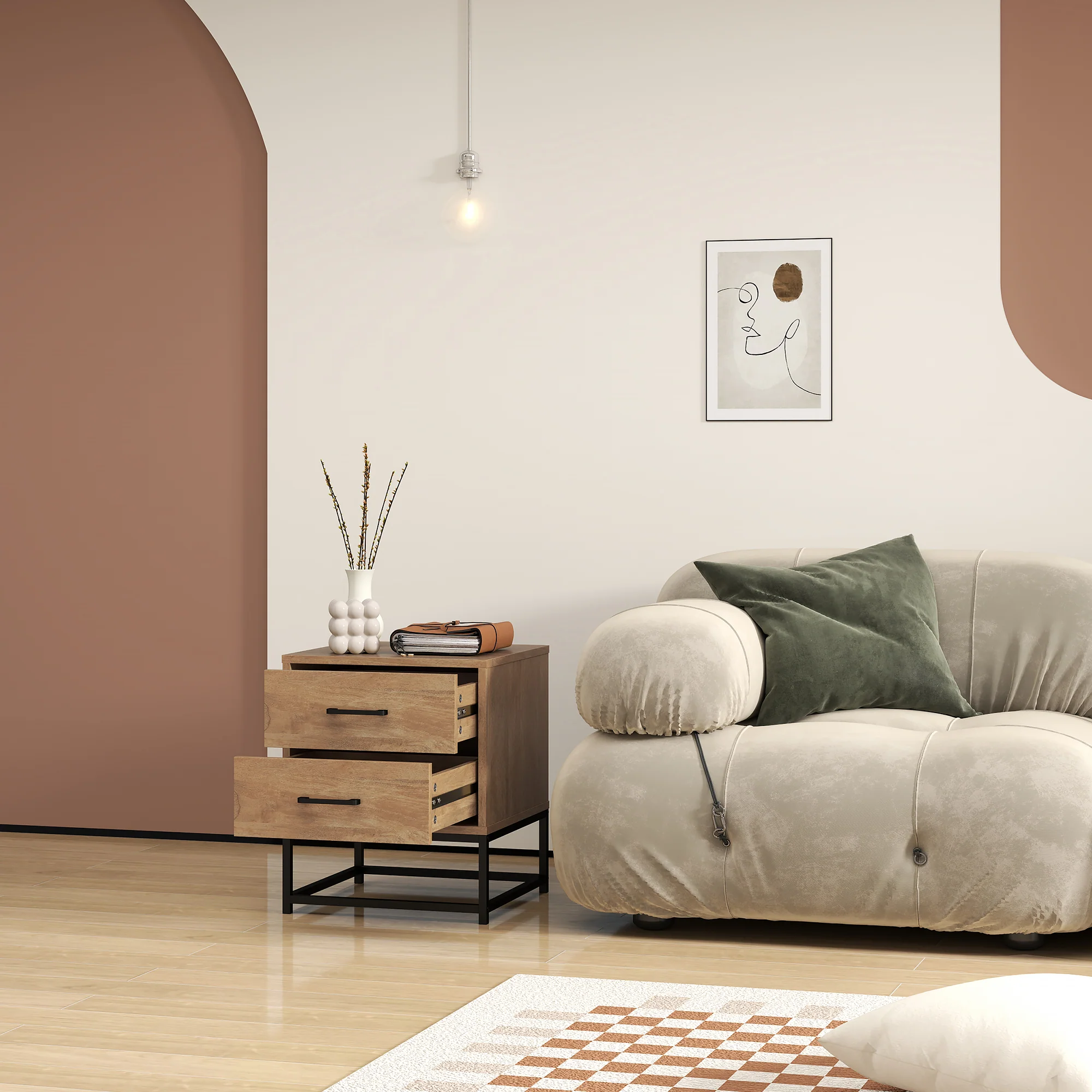 Lot de 2 tables de chevet table de nuit avec 2 tiroirs, table d'appoint style industriel pour chambre à coucher, salon, dim. 40 x 39,5 x 48 cm finition bois naturel - Image 9