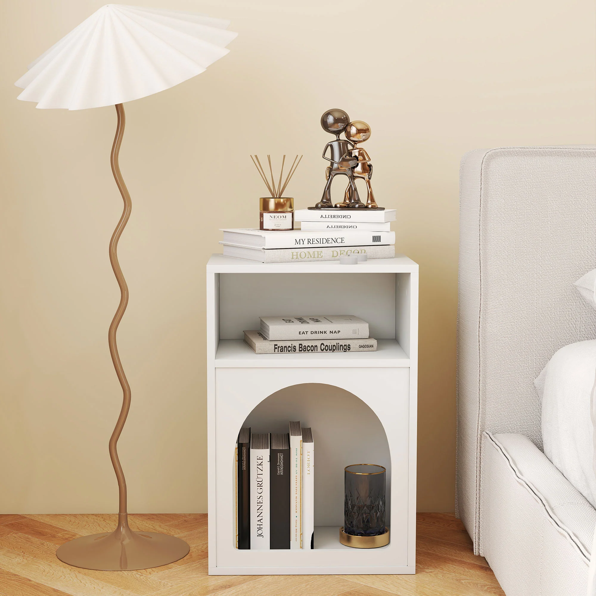 Lot de 2 tables de chevet, table de nuit avec compartiments ouverts, design arqué, chevet de lit pour chambre à coucher, salon, 40 x 30 x 60 cm, blanc - Image 10