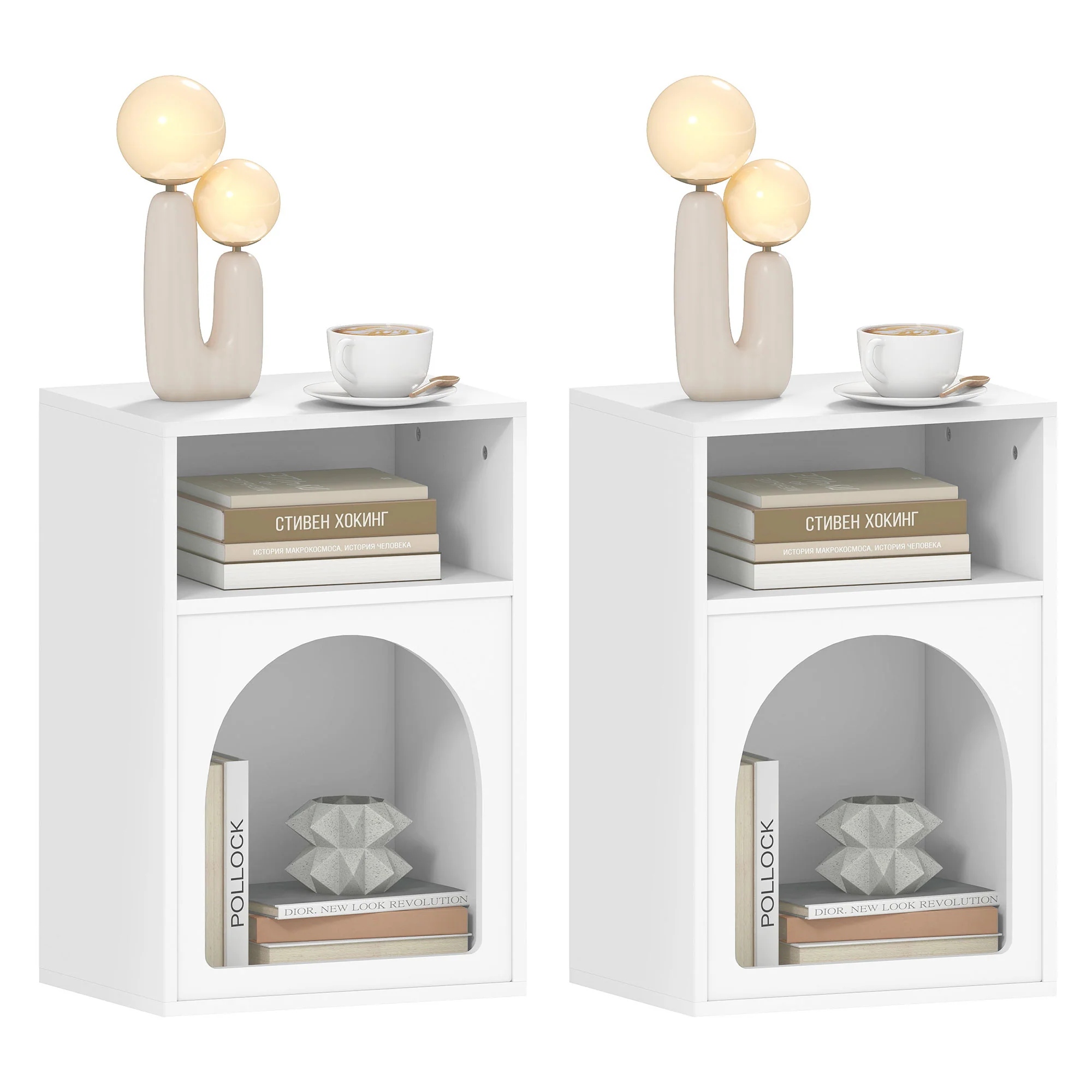Lot de 2 tables de chevet, table de nuit avec compartiments ouverts, design arqué, chevet de lit pour chambre à coucher, salon, 40 x 30 x 60 cm, blanc - Image 11