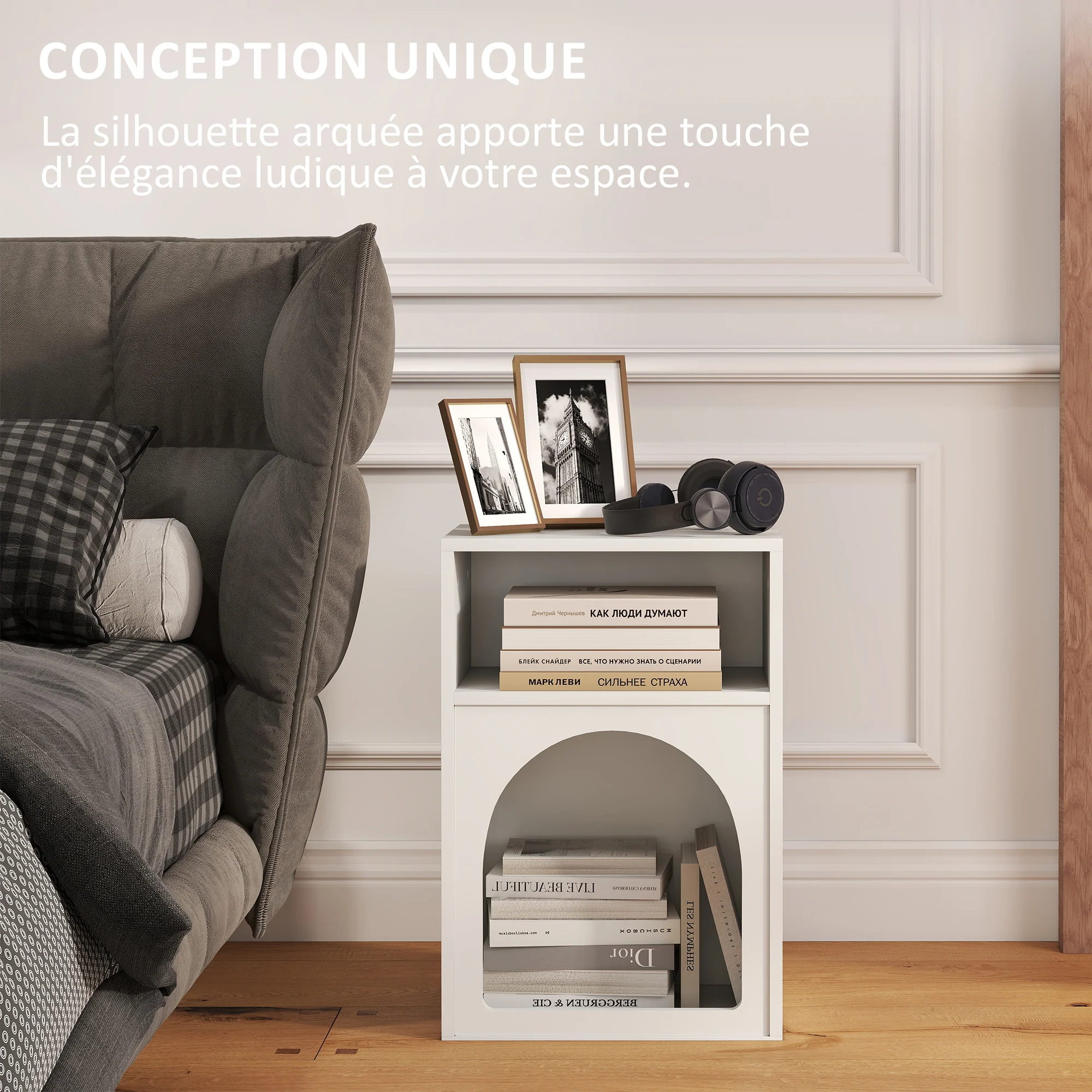 Lot de 2 tables de chevet, table de nuit avec compartiments ouverts, design arqué, chevet de lit pour chambre à coucher, salon, 40 x 30 x 60 cm, blanc - Image 5