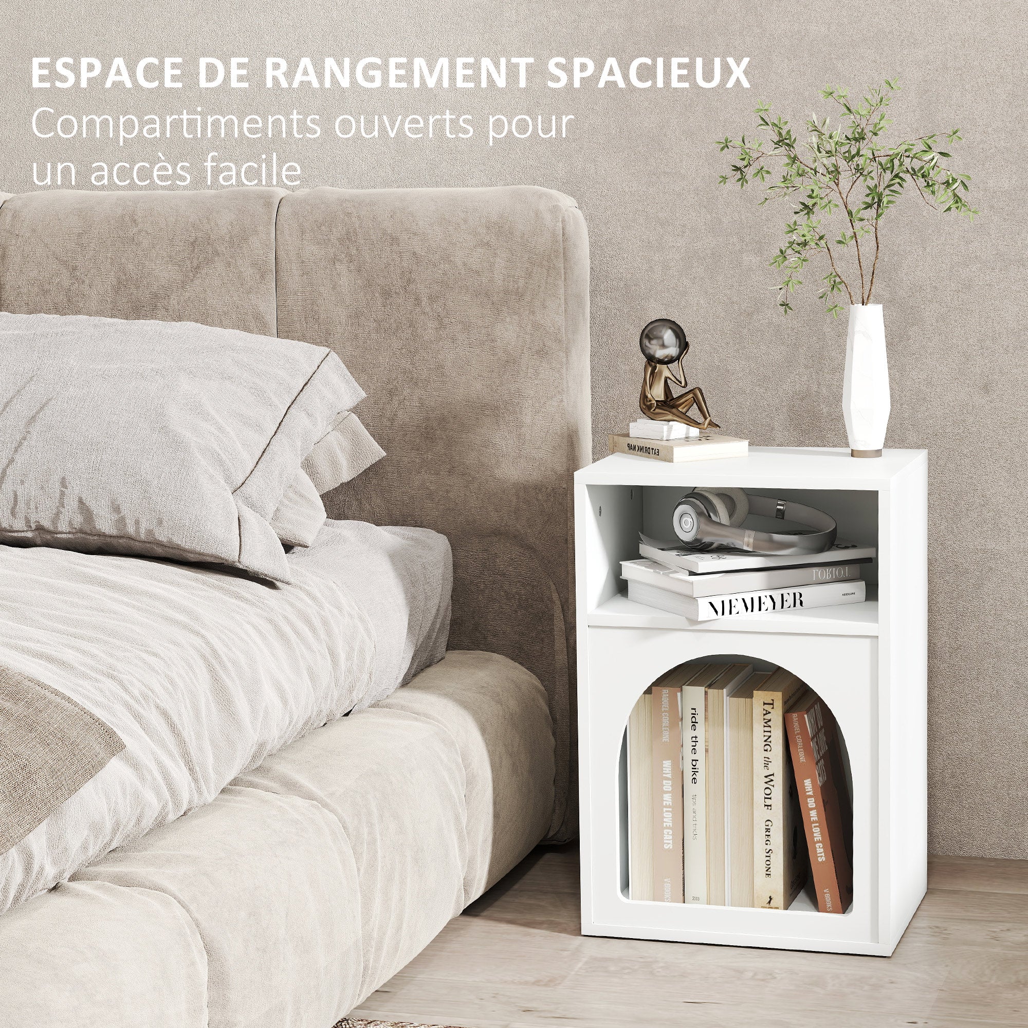 Lot de 2 tables de chevet, table de nuit avec compartiments ouverts, design arqué, chevet de lit pour chambre à coucher, salon, 40 x 30 x 60 cm, blanc - Image 6