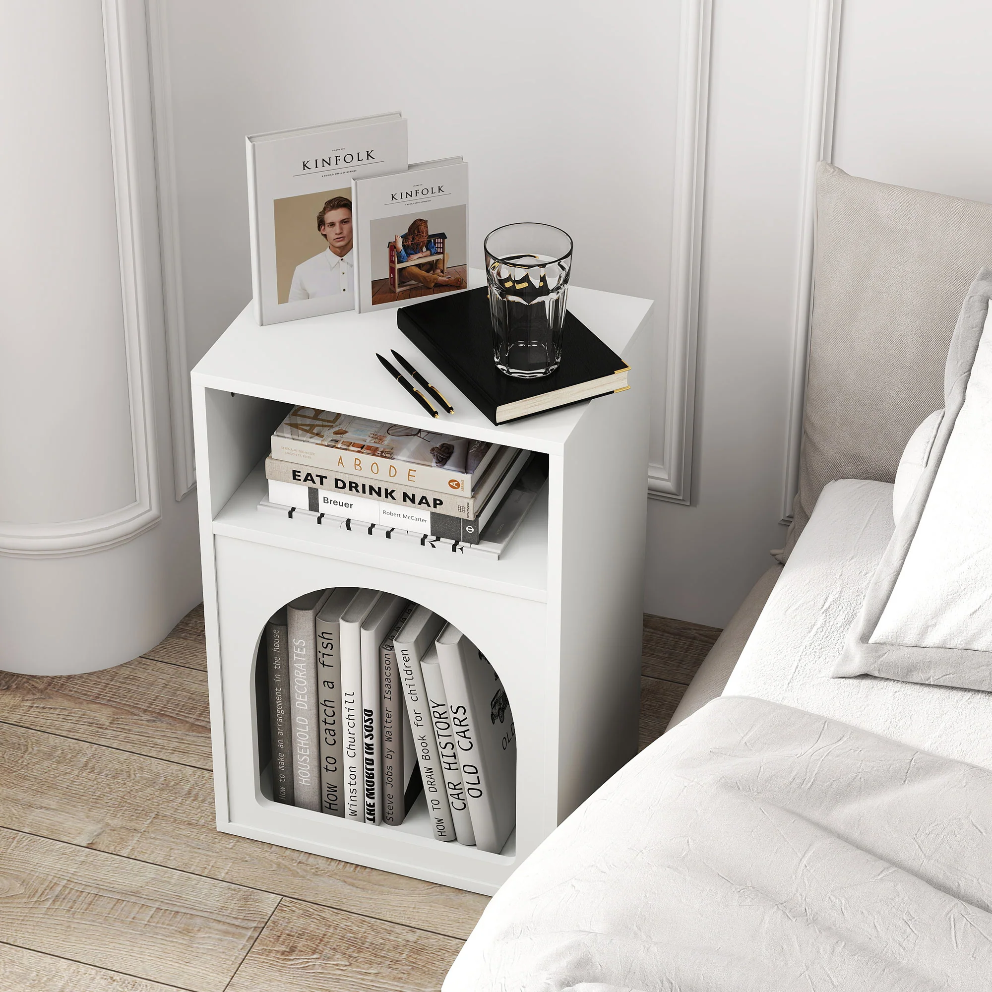 Lot de 2 tables de chevet, table de nuit avec compartiments ouverts, design arqué, chevet de lit pour chambre à coucher, salon, 40 x 30 x 60 cm, blanc - Image 8