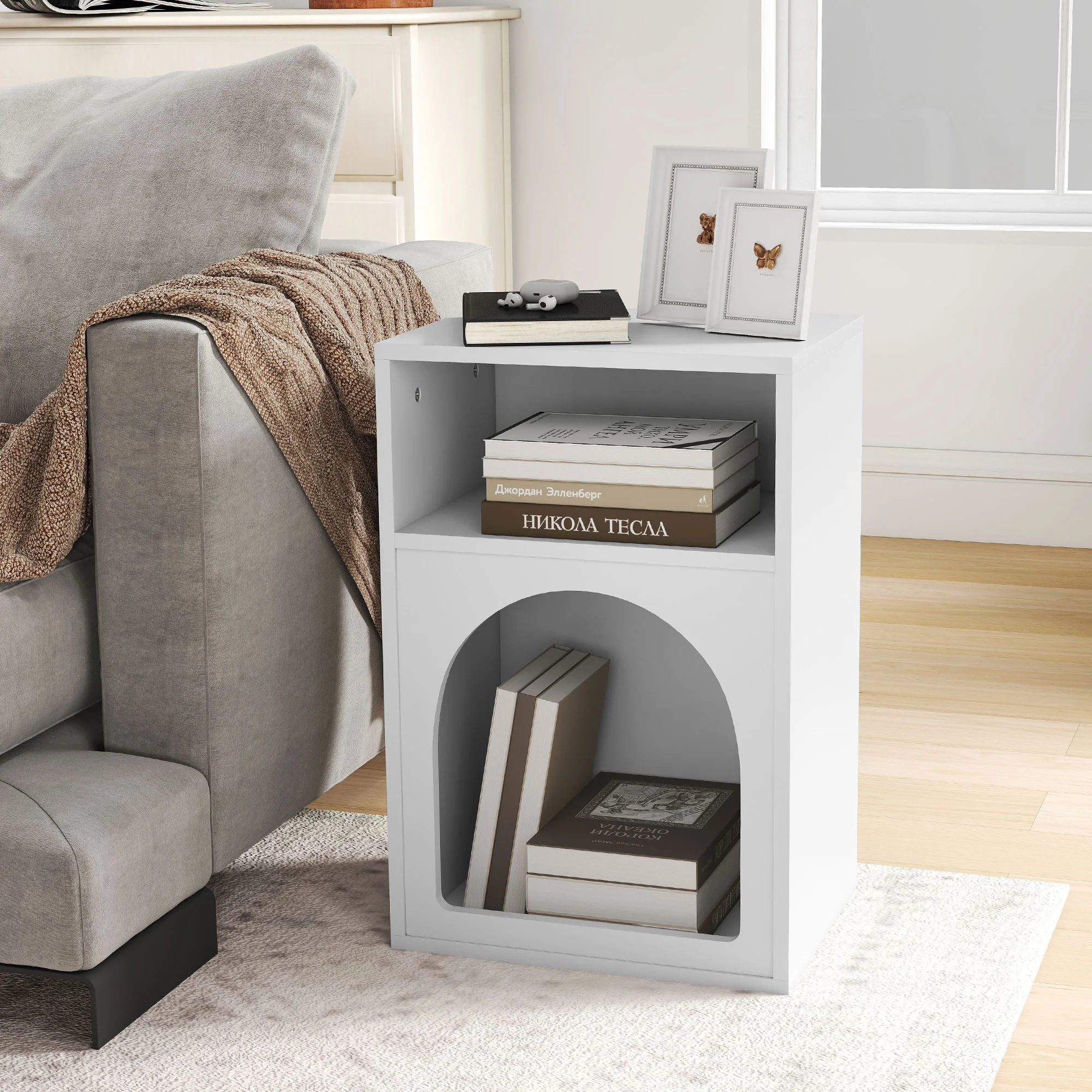 Lot de 2 tables de chevet, table de nuit avec compartiments ouverts, design arqué, chevet de lit pour chambre à coucher, salon, 40 x 30 x 60 cm, blanc - Image 9