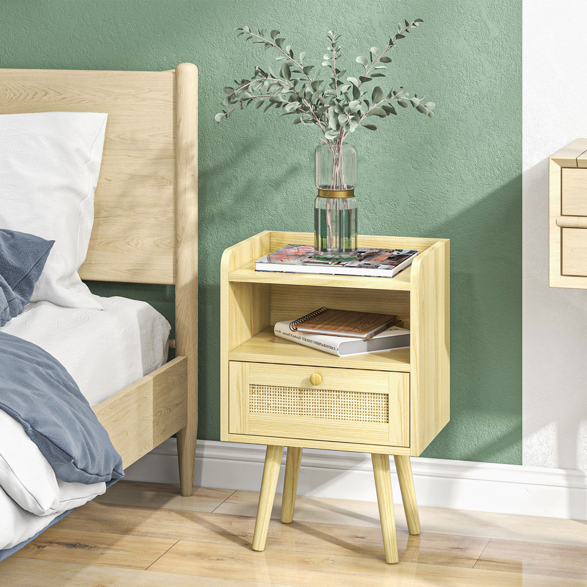 Lot de 2 tables de chevet table de nuit avec tiroir effet rotin et compartiment ouvert, chevet de lit pour chambre à coucher, salon, 40 x 30 x 60 cm, effet bois naturel - Image 10