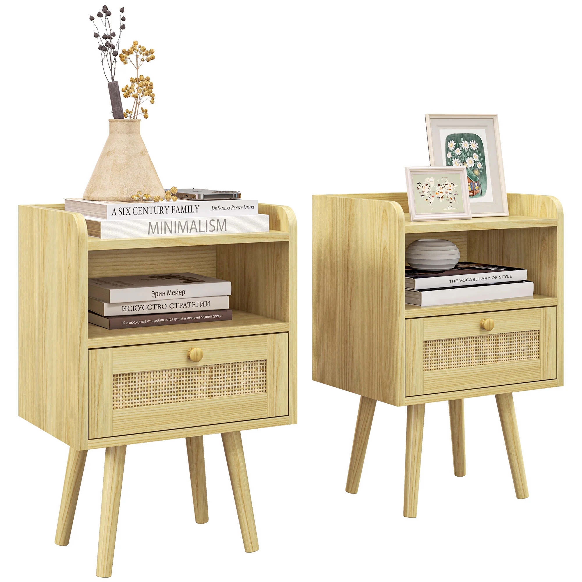 Lot de 2 tables de chevet table de nuit avec tiroir effet rotin et compartiment ouvert, chevet de lit pour chambre à coucher, salon, 40 x 30 x 60 cm, effet bois naturel - Image 11