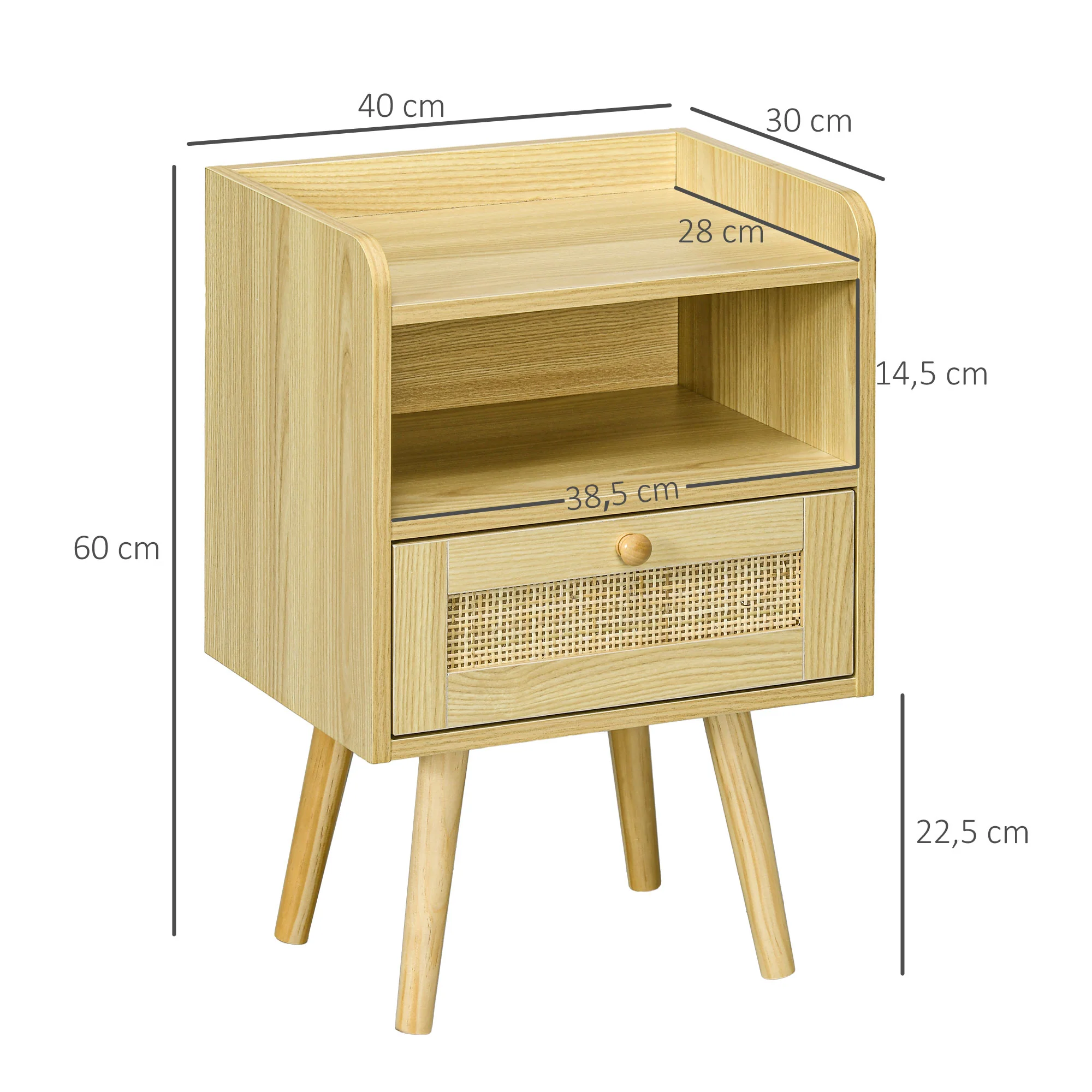 Lot de 2 tables de chevet table de nuit avec tiroir effet rotin et compartiment ouvert, chevet de lit pour chambre à coucher, salon, 40 x 30 x 60 cm, effet bois naturel - Image 4