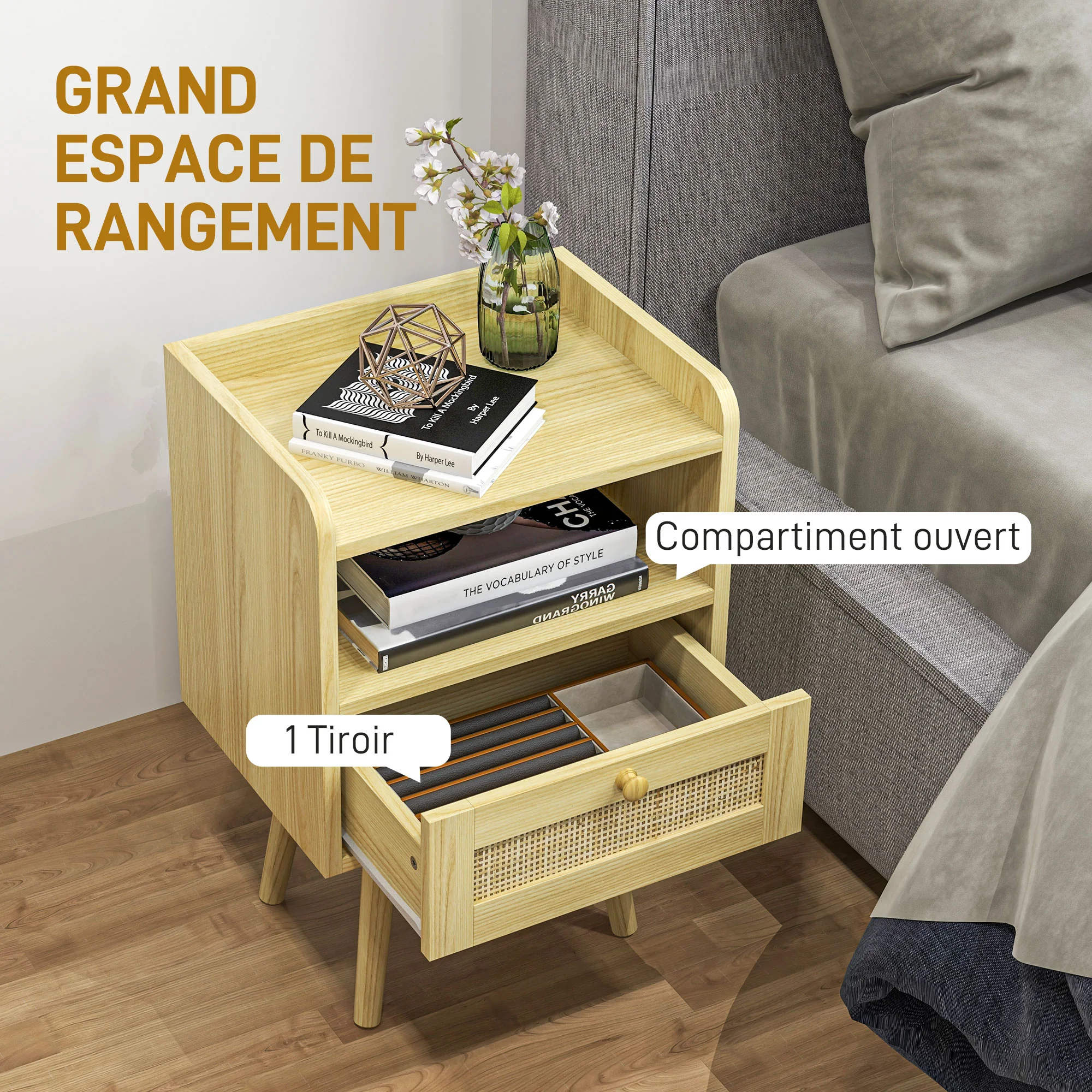 Lot de 2 tables de chevet table de nuit avec tiroir effet rotin et compartiment ouvert, chevet de lit pour chambre à coucher, salon, 40 x 30 x 60 cm, effet bois naturel - Image 5