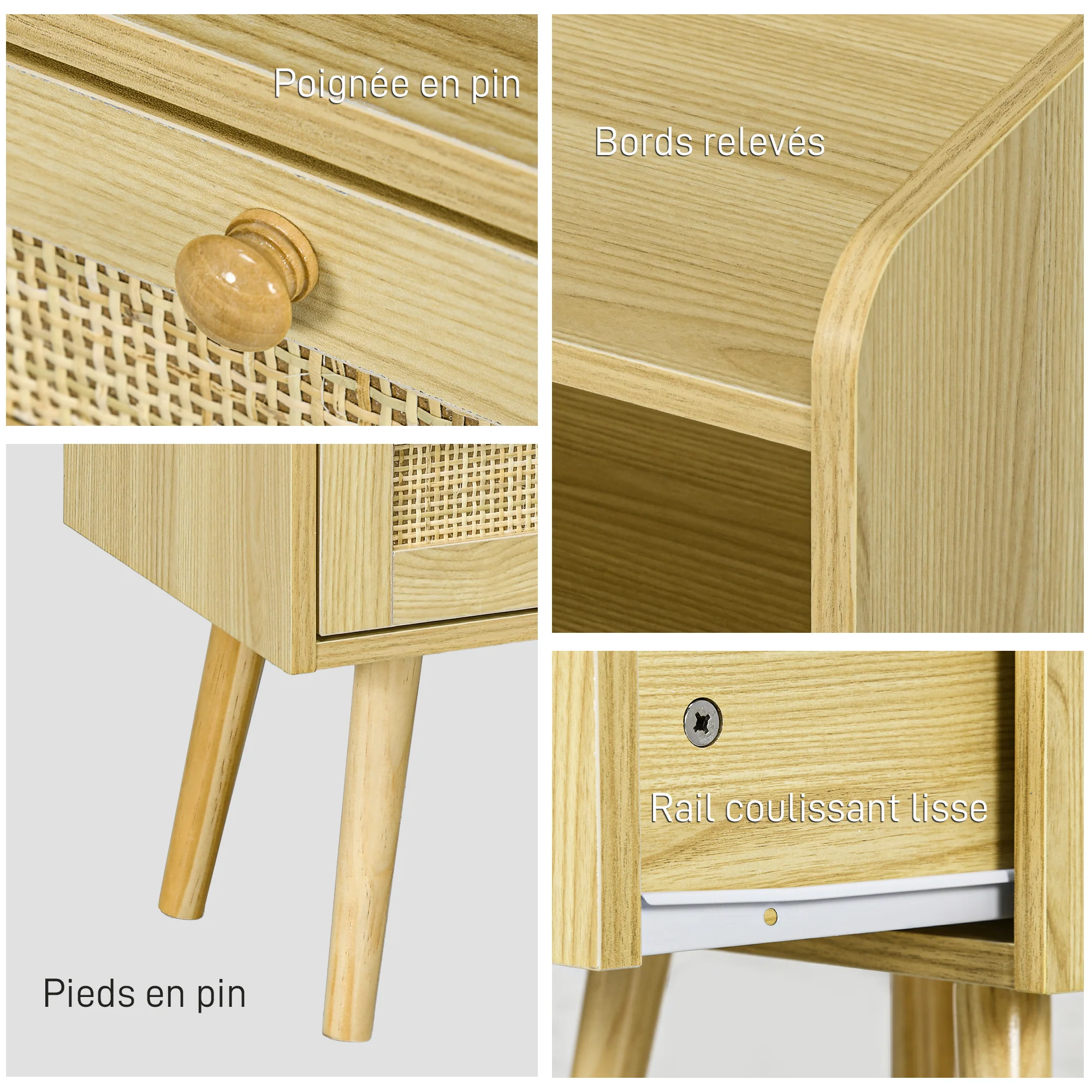 Lot de 2 tables de chevet table de nuit avec tiroir effet rotin et compartiment ouvert, chevet de lit pour chambre à coucher, salon, 40 x 30 x 60 cm, effet bois naturel - Image 6