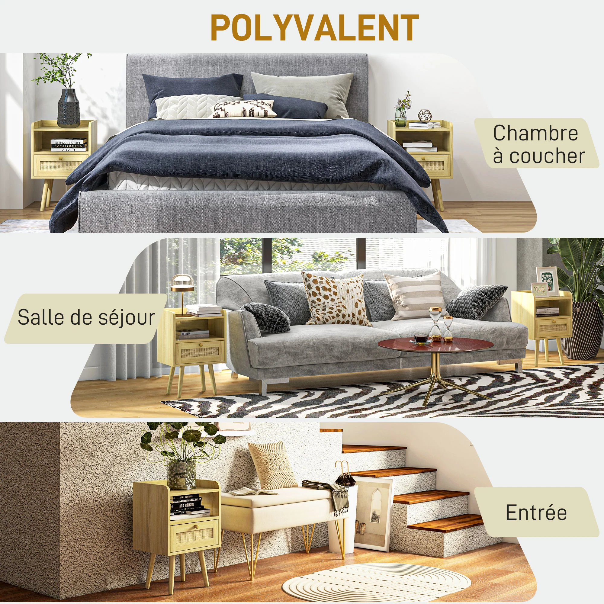 Lot de 2 tables de chevet table de nuit avec tiroir effet rotin et compartiment ouvert, chevet de lit pour chambre à coucher, salon, 40 x 30 x 60 cm, effet bois naturel - Image 7