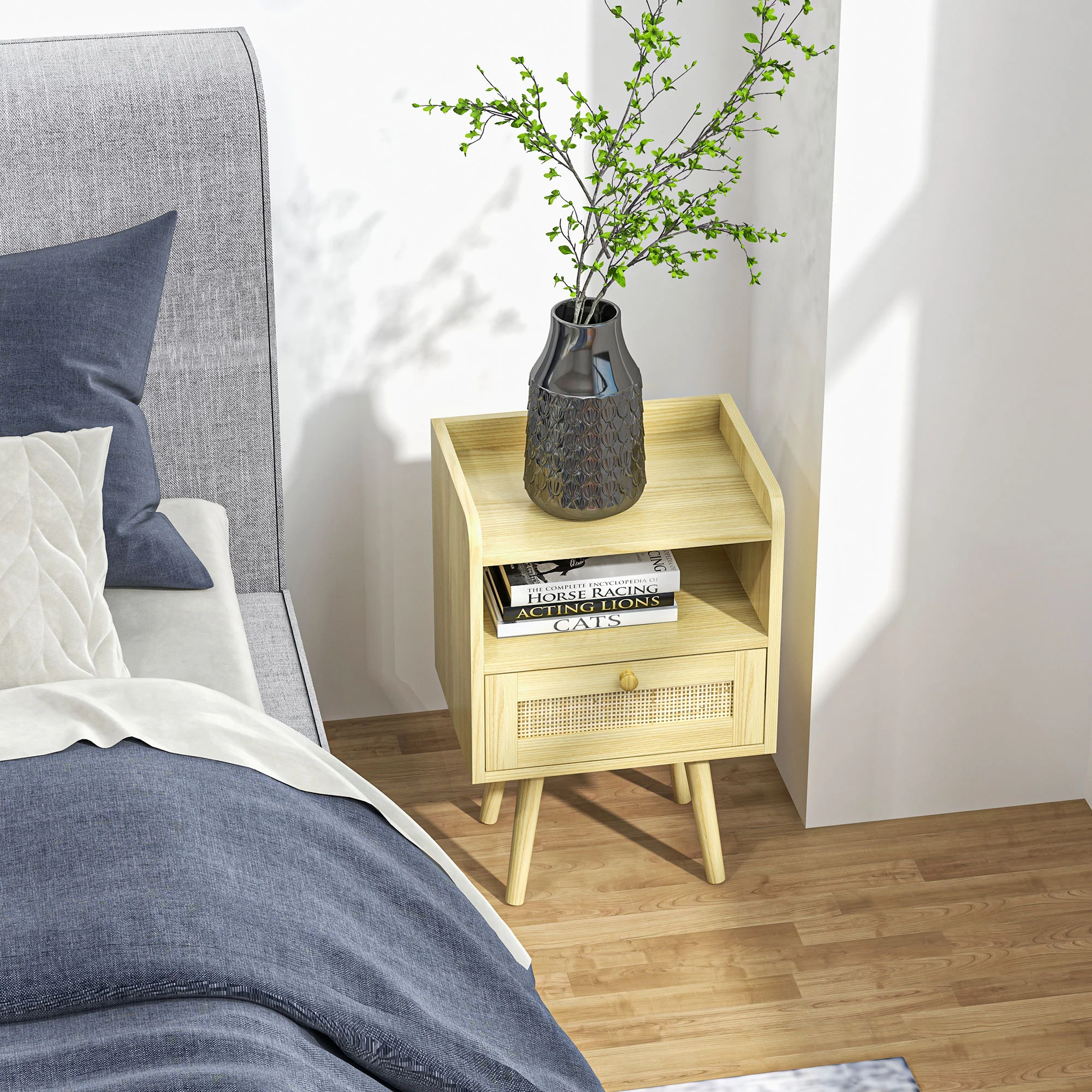 Lot de 2 tables de chevet table de nuit avec tiroir effet rotin et compartiment ouvert, chevet de lit pour chambre à coucher, salon, 40 x 30 x 60 cm, effet bois naturel - Image 9