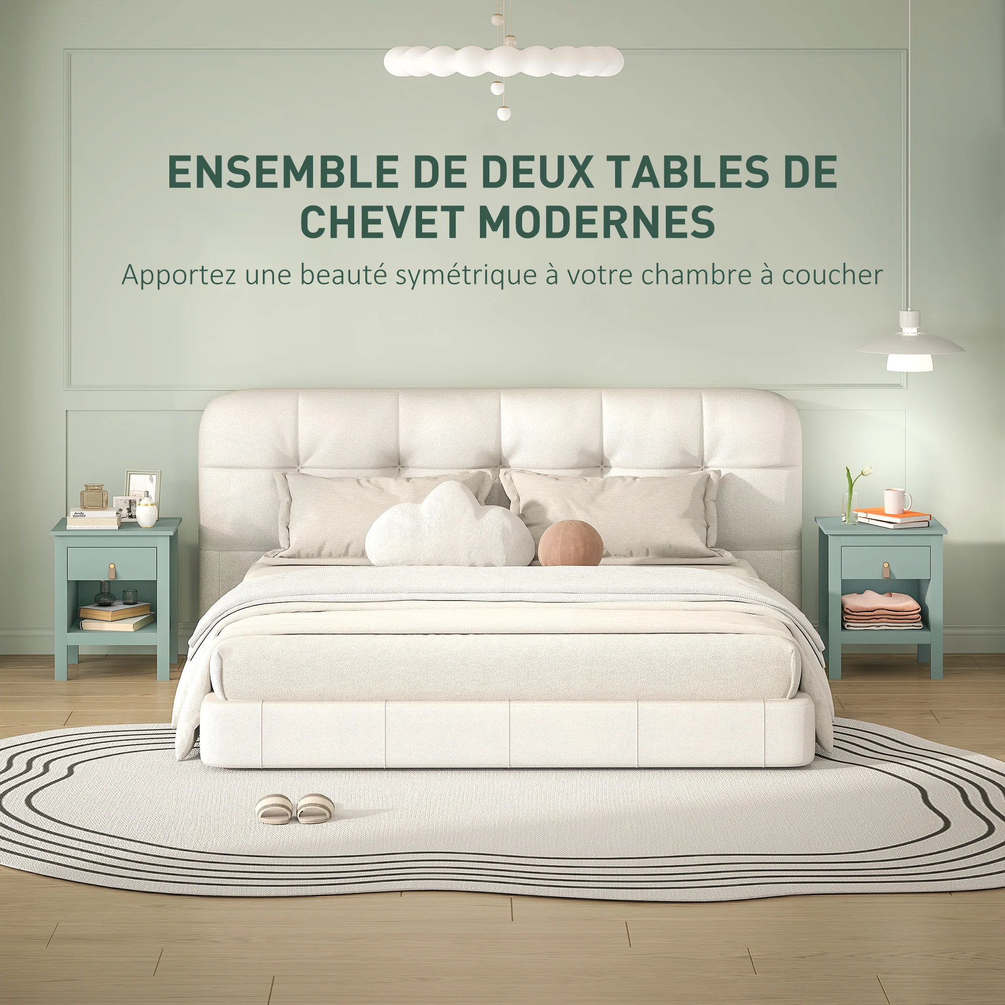 Lot de 2 tables de chevet table de nuit avec tiroir et compartiment ouvert, style moderne pour chambre à coucher, salon, 45 x 40 x 55 cm, vert - Image 5