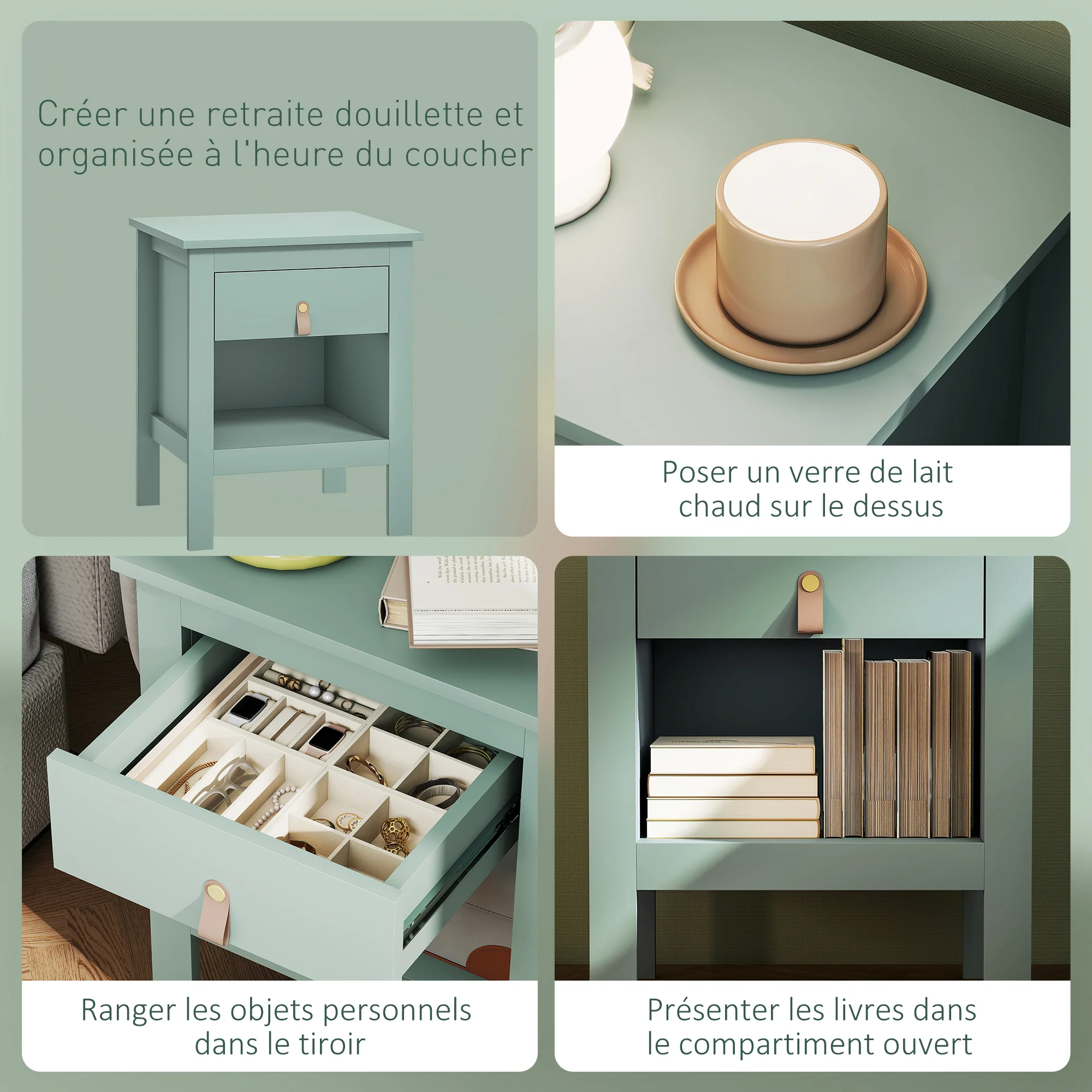 Lot de 2 tables de chevet table de nuit avec tiroir et compartiment ouvert, style moderne pour chambre à coucher, salon, 45 x 40 x 55 cm, vert - Image 6