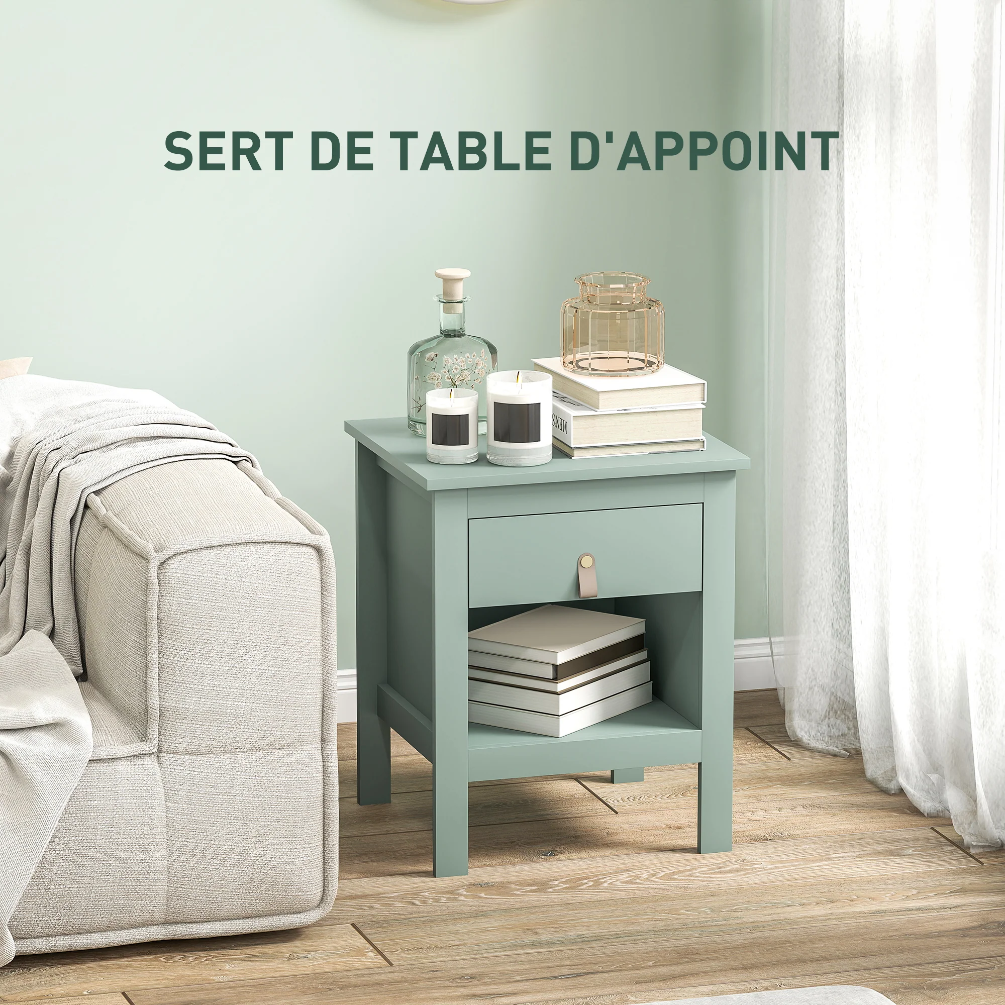 Lot de 2 tables de chevet table de nuit avec tiroir et compartiment ouvert, style moderne pour chambre à coucher, salon, 45 x 40 x 55 cm, vert - Image 7