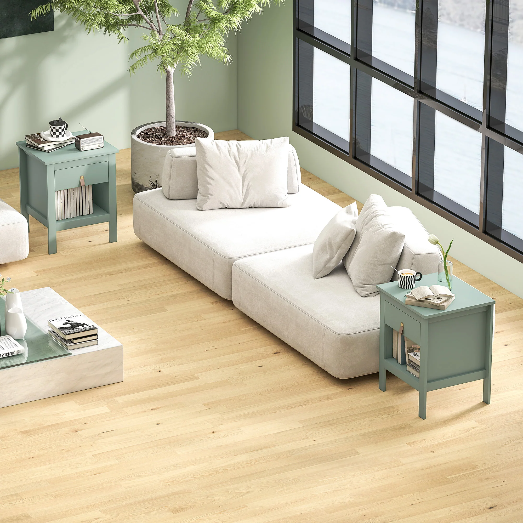 Lot de 2 tables de chevet table de nuit avec tiroir et compartiment ouvert, style moderne pour chambre à coucher, salon, 45 x 40 x 55 cm, vert - Image 9