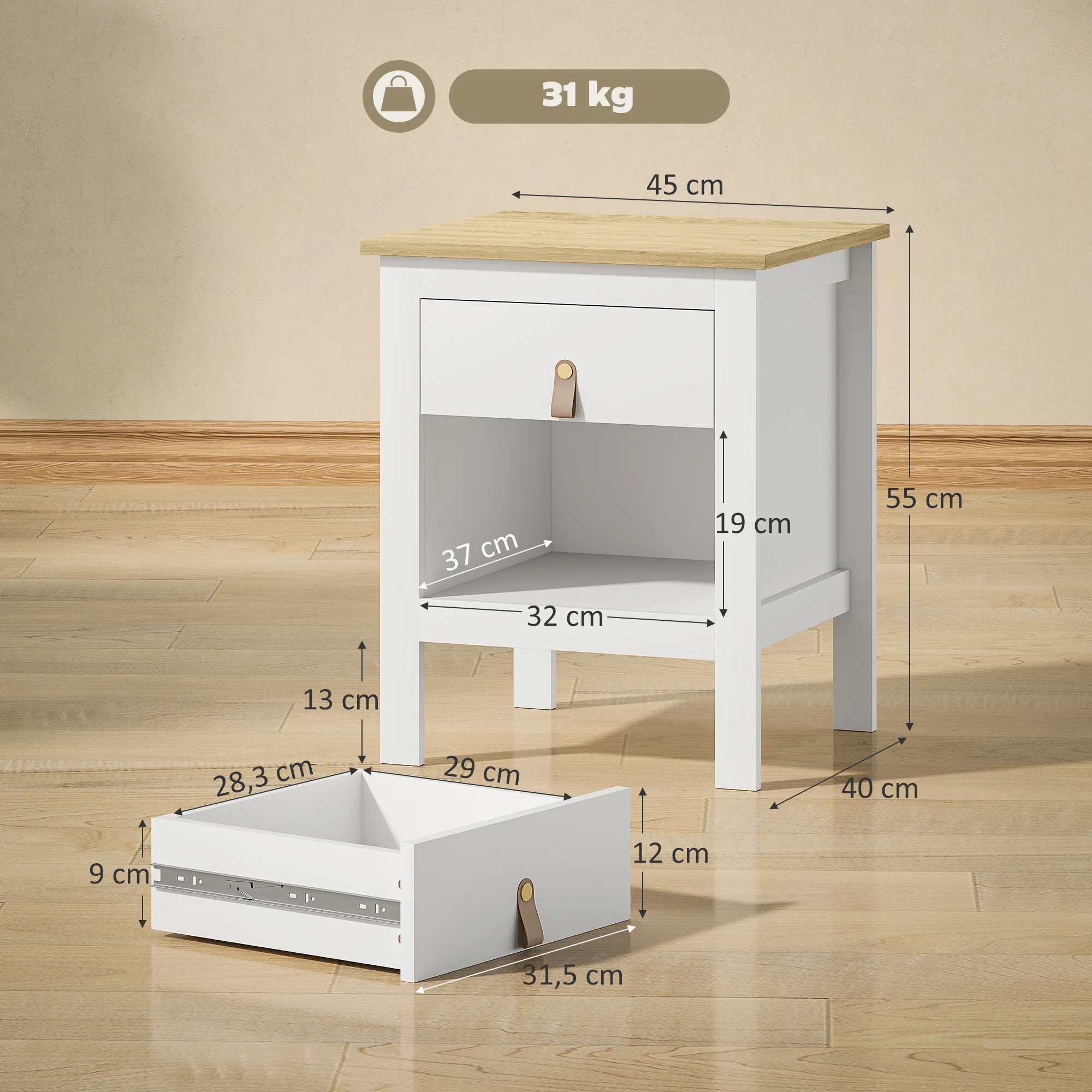 Lot de 2 tables de chevet table de nuit avec tiroir et compartiment ouvert, style moderne pour chambre à coucher, salon, 45 x 40 x 55 cm, blanc - Image 4