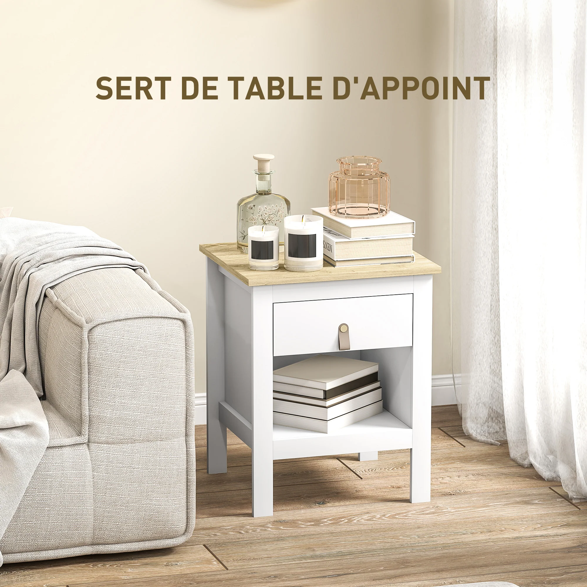 Lot de 2 tables de chevet table de nuit avec tiroir et compartiment ouvert, style moderne pour chambre à coucher, salon, 45 x 40 x 55 cm, blanc - Image 7