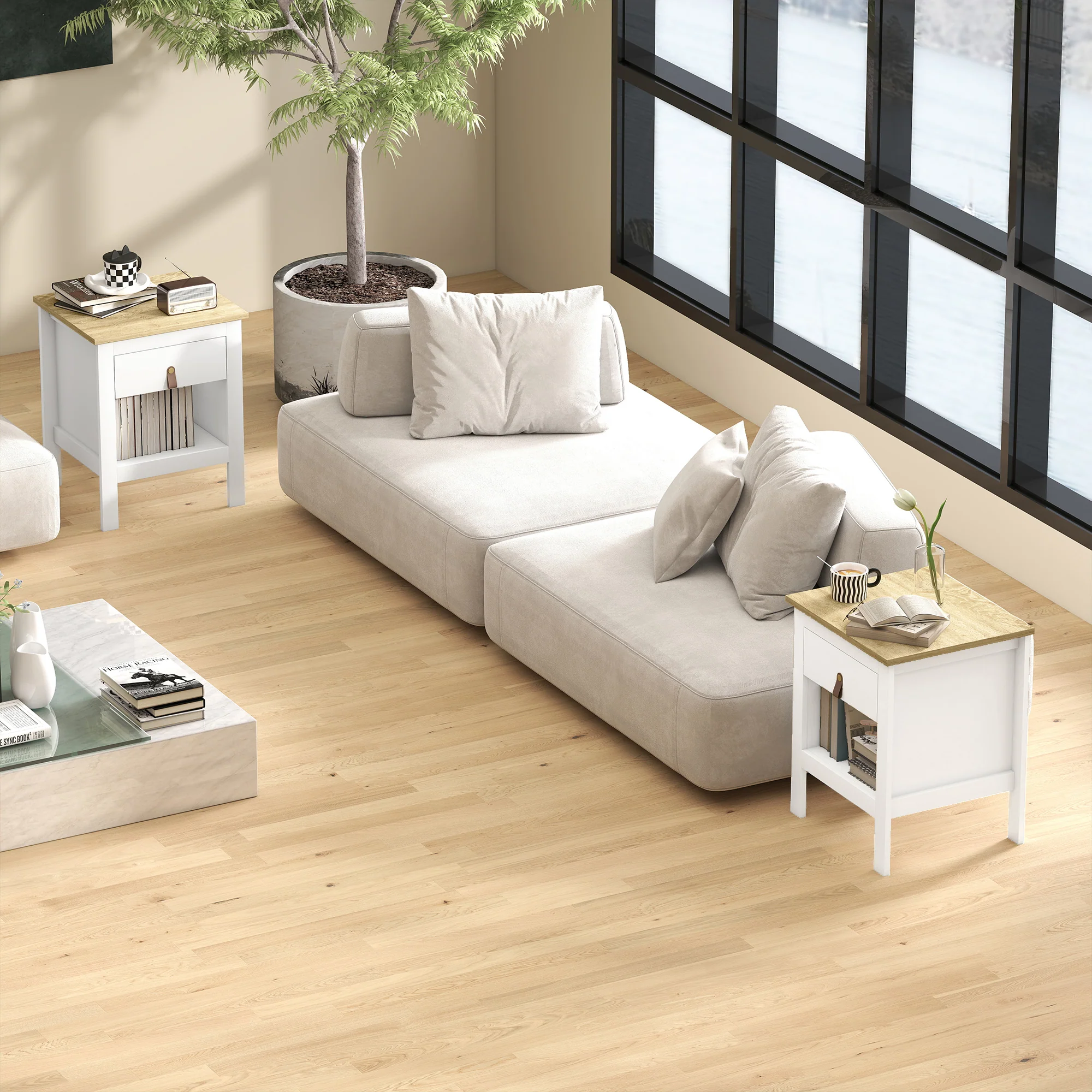 Lot de 2 tables de chevet table de nuit avec tiroir et compartiment ouvert, style moderne pour chambre à coucher, salon, 45 x 40 x 55 cm, blanc - Image 9