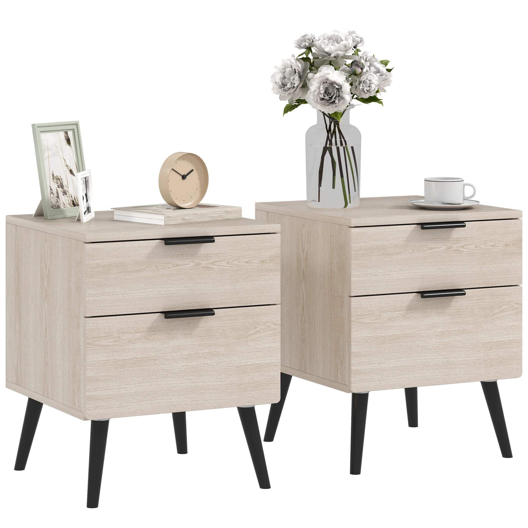 Lot de 2 tables de chevet, table de nuit, style nordique moderne, avec tiroir à deux niveaux, pieds en bois massif, pour chambre à coucher, salon, effet bois de chêne - Image 11
