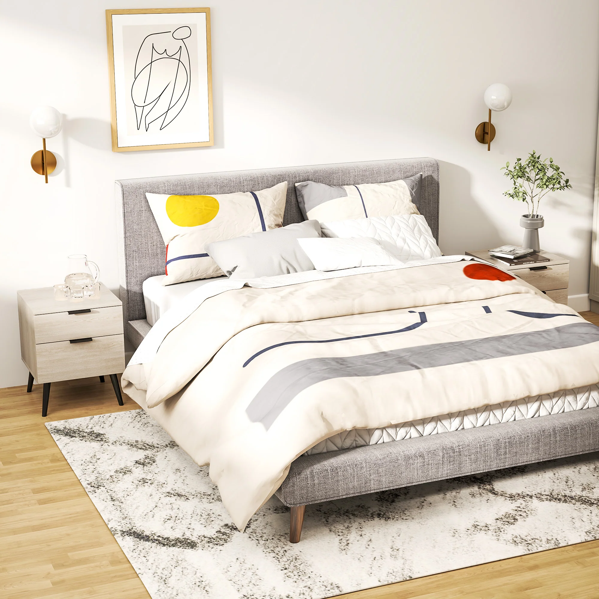 Lot de 2 tables de chevet, table de nuit, style nordique moderne, avec tiroir à deux niveaux, pieds en bois massif, pour chambre à coucher, salon, effet bois de chêne - Image 3