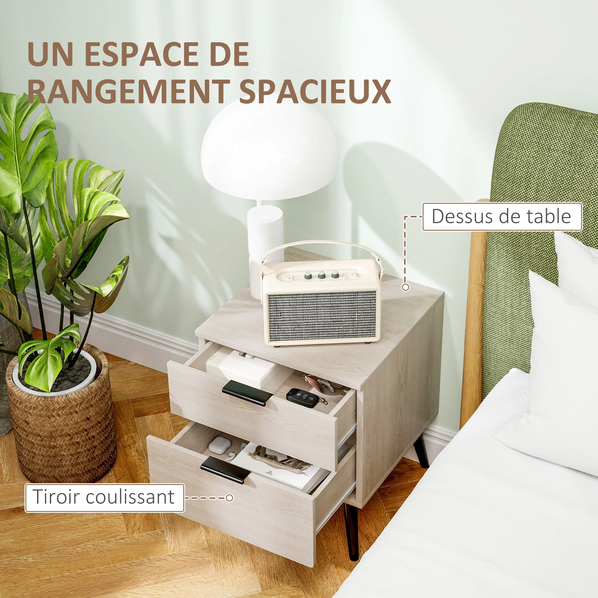 Lot de 2 tables de chevet, table de nuit, style nordique moderne, avec tiroir à deux niveaux, pieds en bois massif, pour chambre à coucher, salon, effet bois de chêne - Image 6